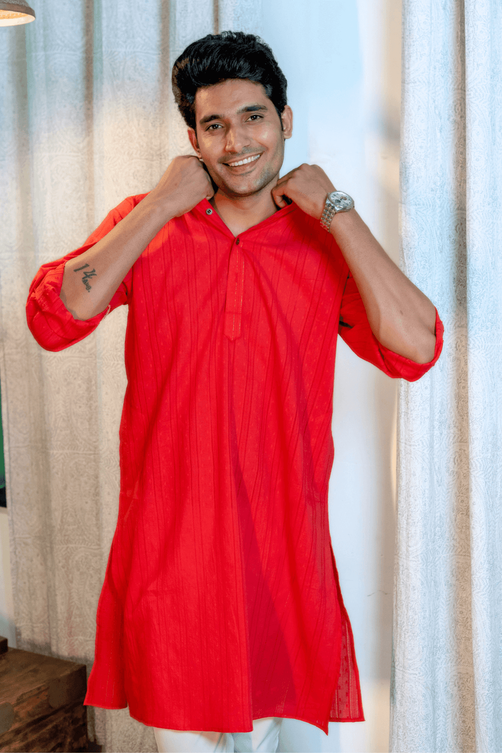The Red Colour Long Kurta In Woven Dobby Cotton