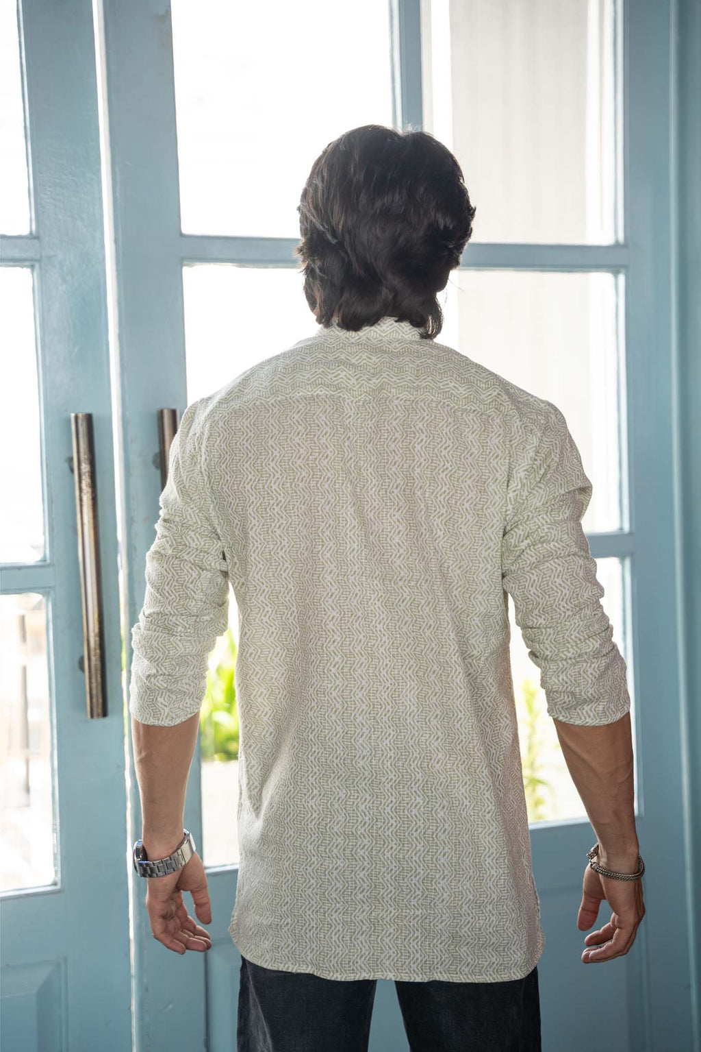 The White Kantha Work Short Kurta With Pastel Green Tribal Print