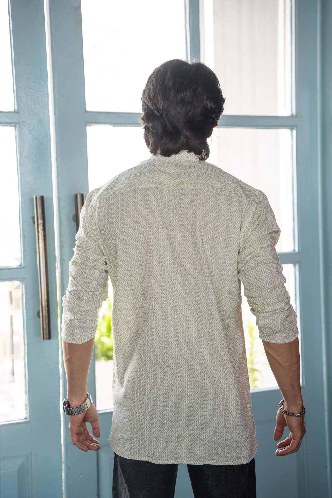 The White Kantha Work Short Kurta With Pastel Green Tribal Print