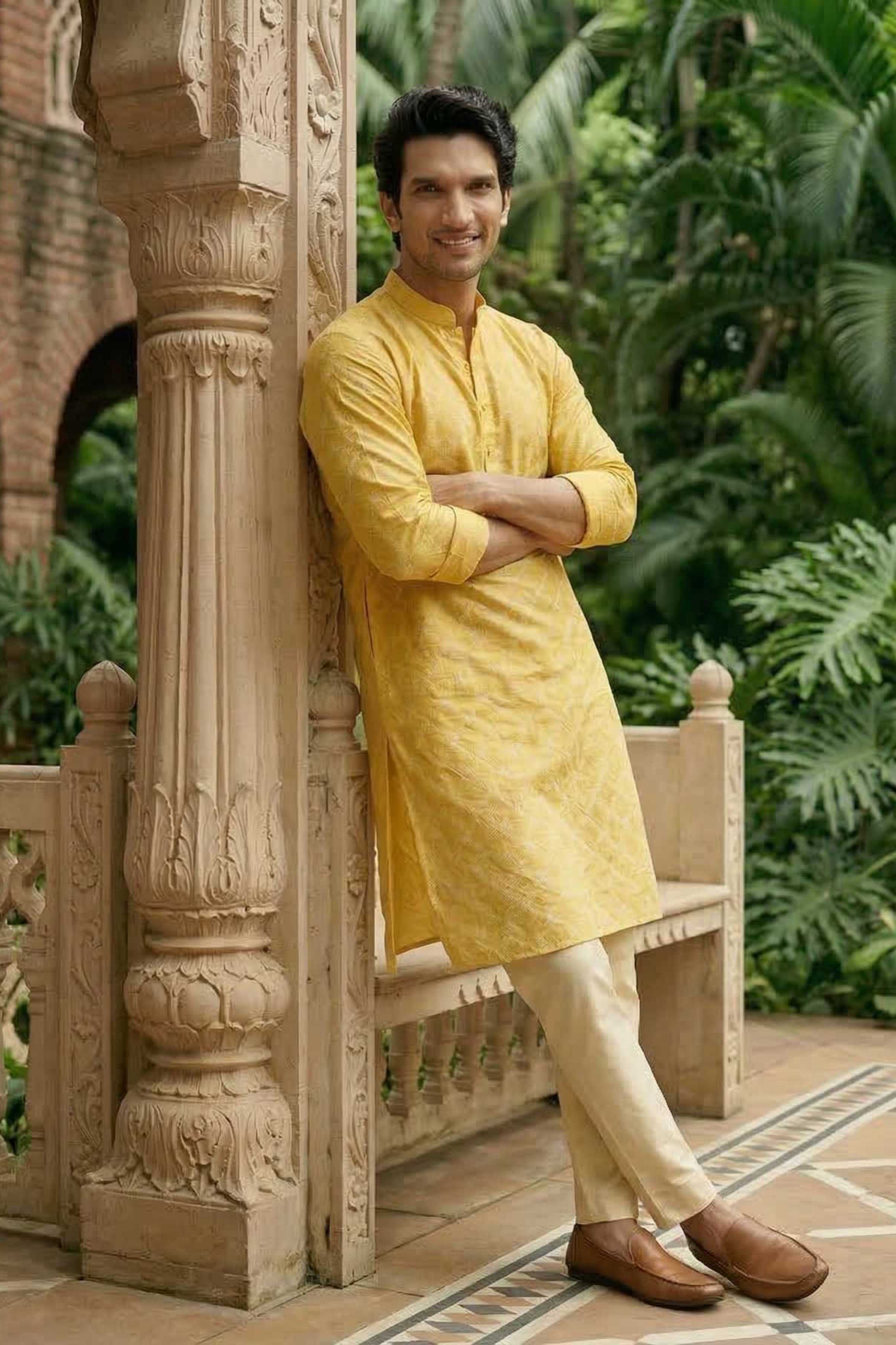 The Mustard Yellow Silk Blend Long Kurta with Heritage Self Motif