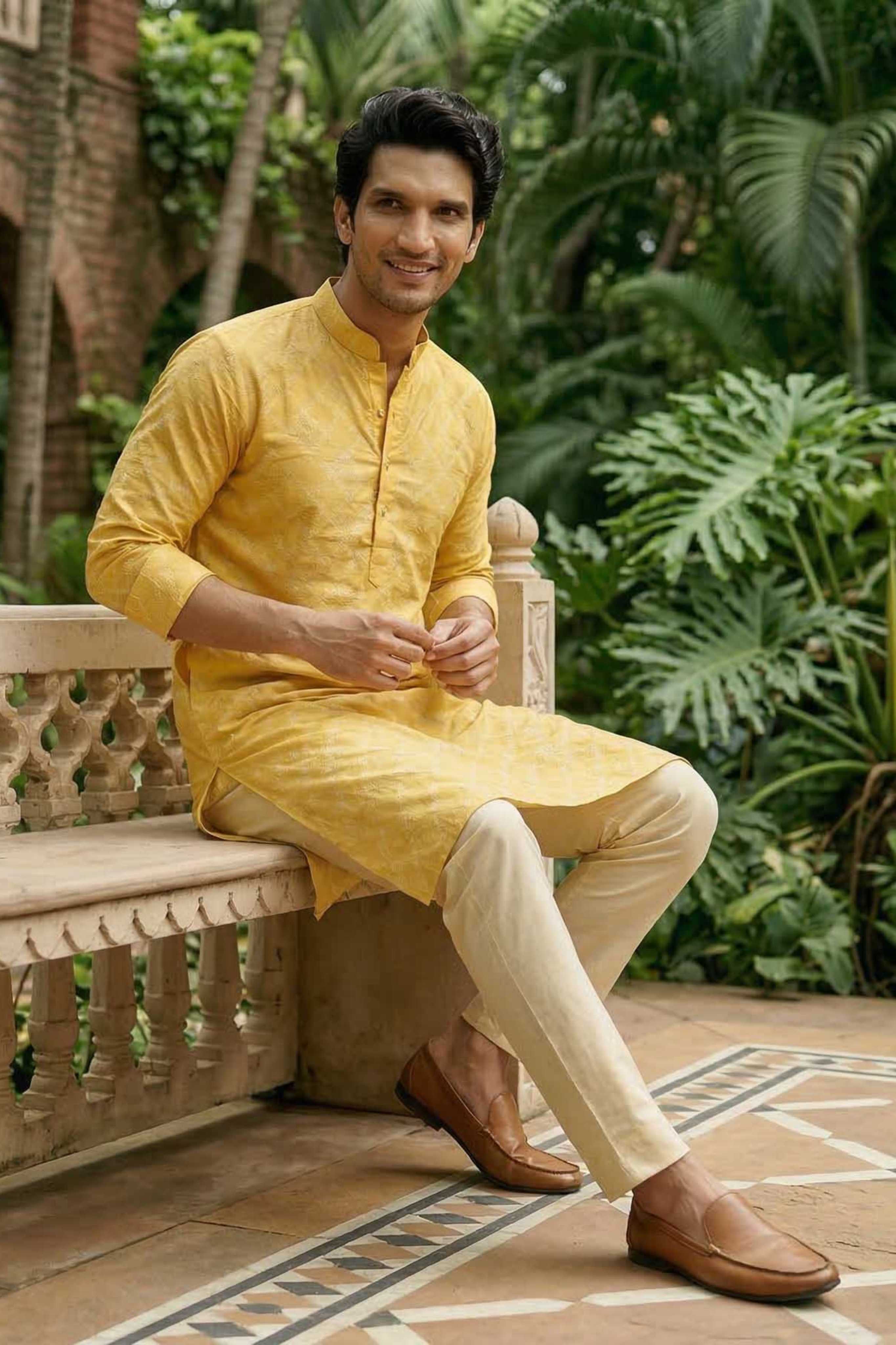 The Mustard Yellow Silk Blend Long Kurta with Heritage Self Motif