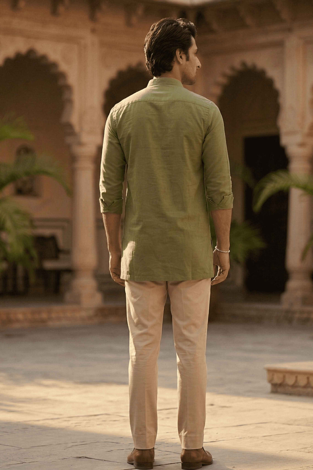 The Light Green Cotton Short kurta With Buttoned Cuffs