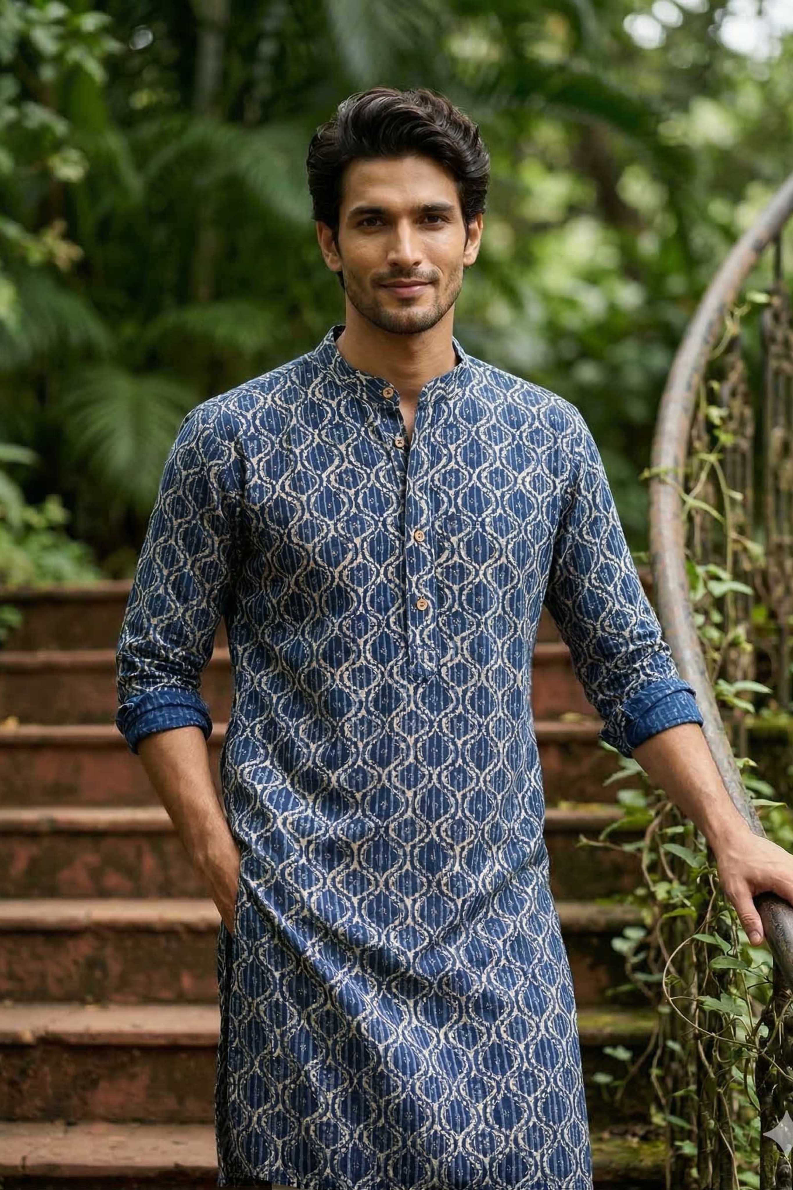 The Navy Blue Classic Geometric Print Long Kurta