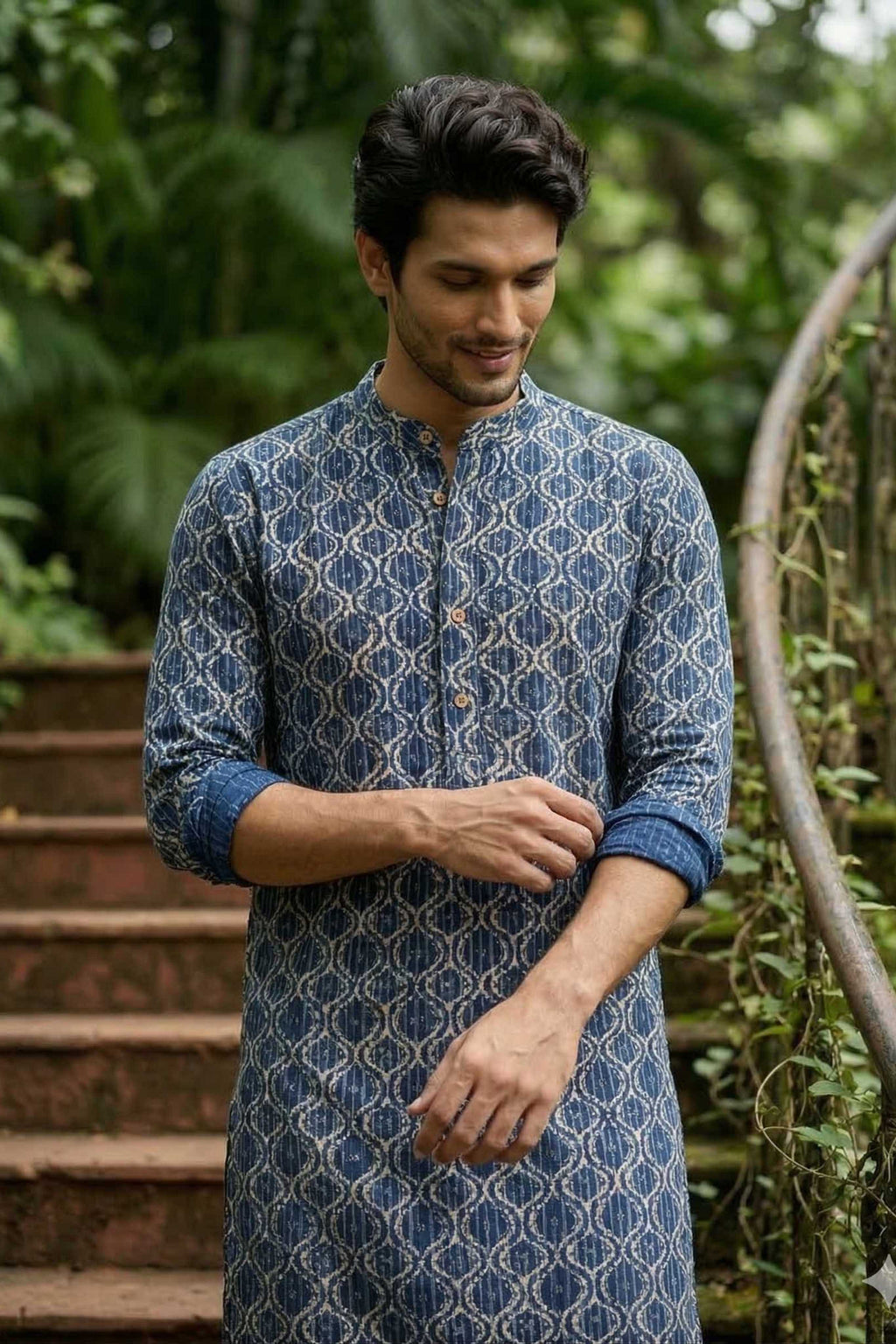 The Navy Blue Classic Geometric Print Long Kurta
