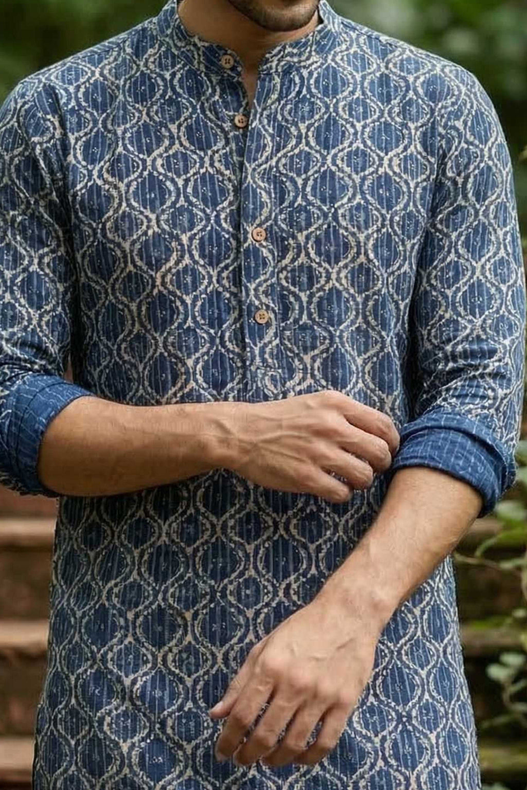 The Navy Blue Classic Geometric Print Long Kurta