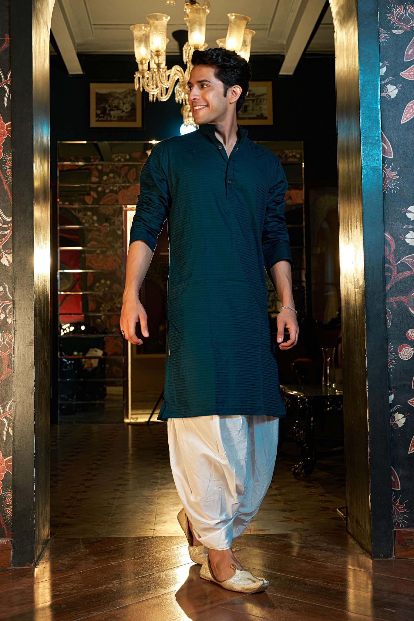 The Dark Teal Long Kurta with Textured Self-Work