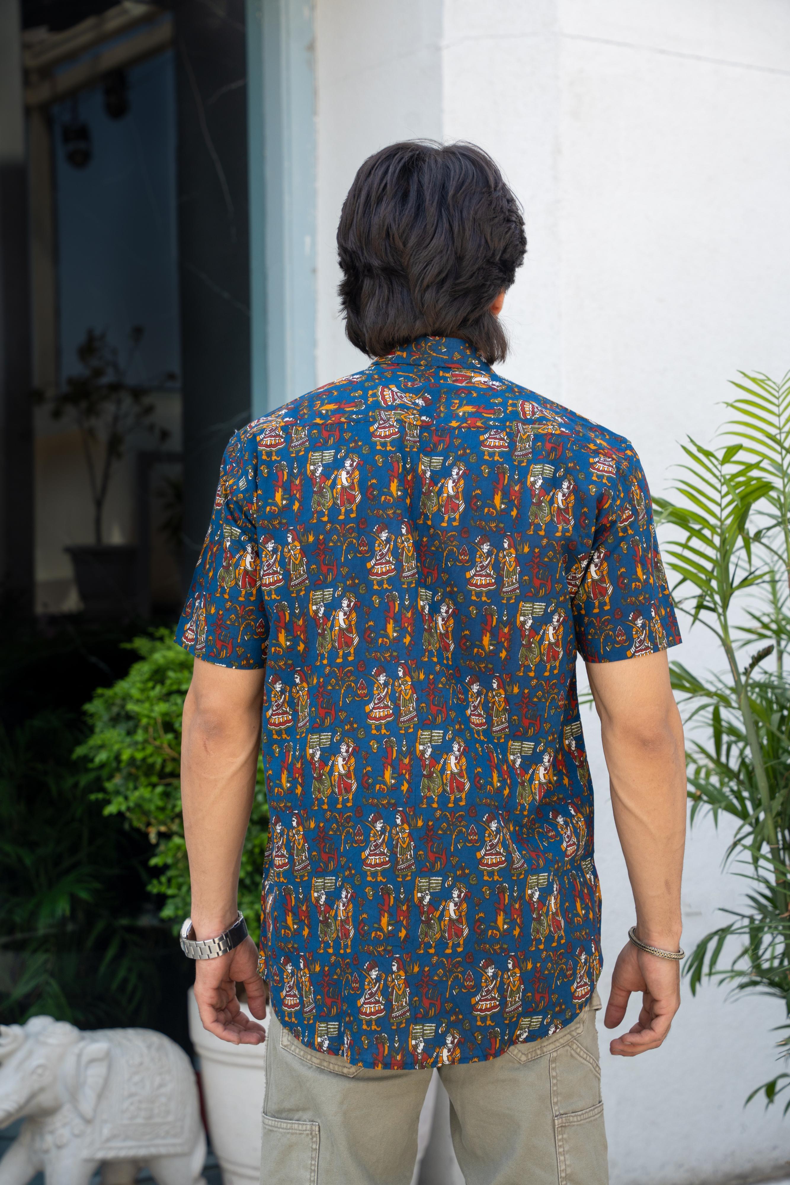 The Navy Blue Half Sleeves Shirt With Funky Tribal Print