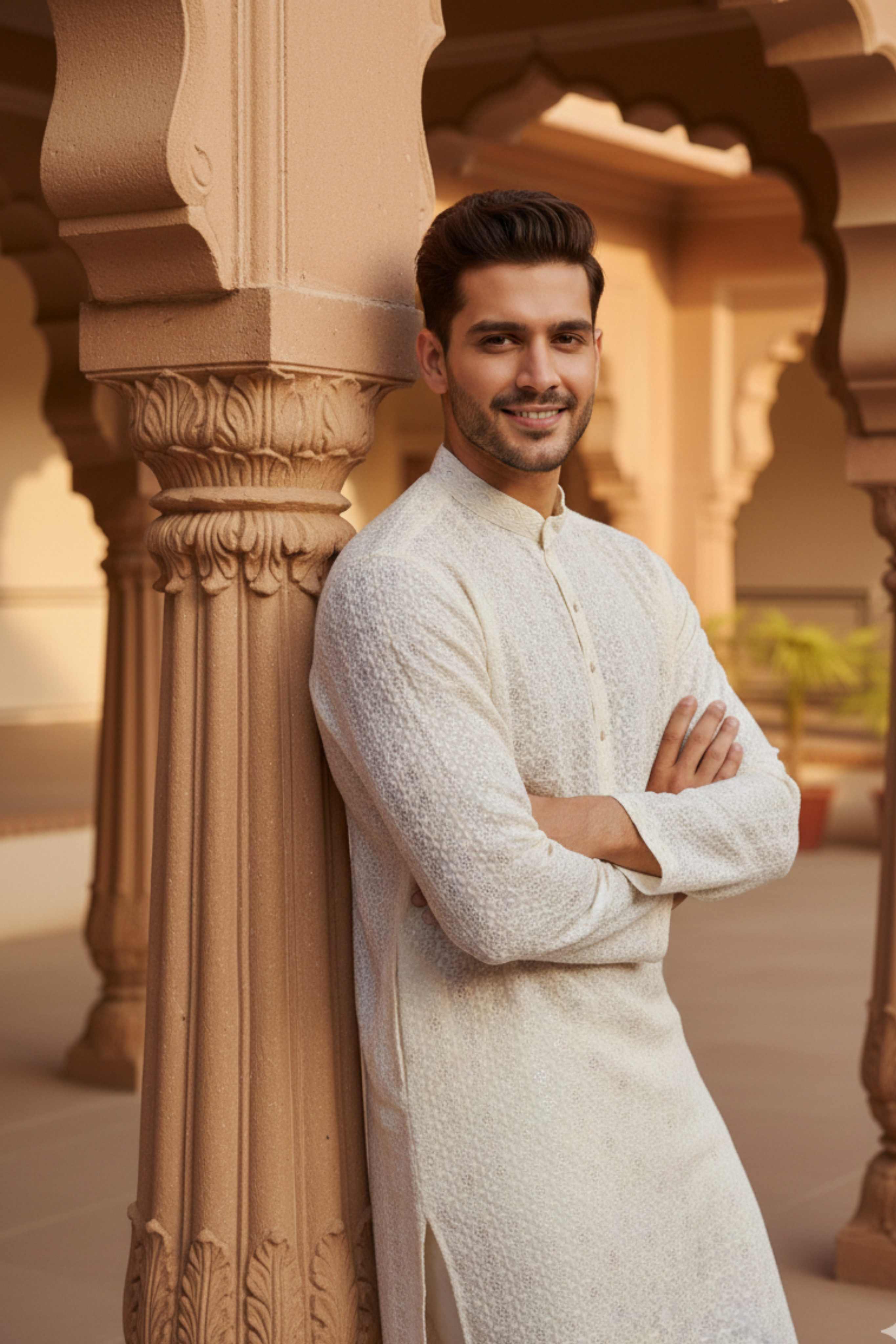 The Champagne White Floral Sequin Embroidery Long Kurta