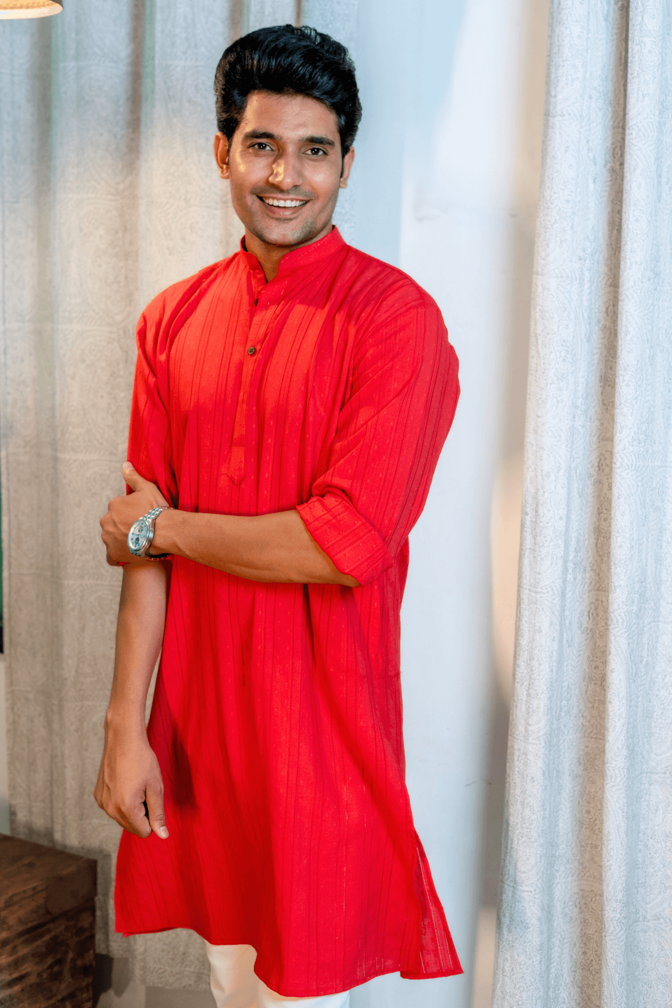 The Red Colour Long Kurta In Woven Dobby Cotton