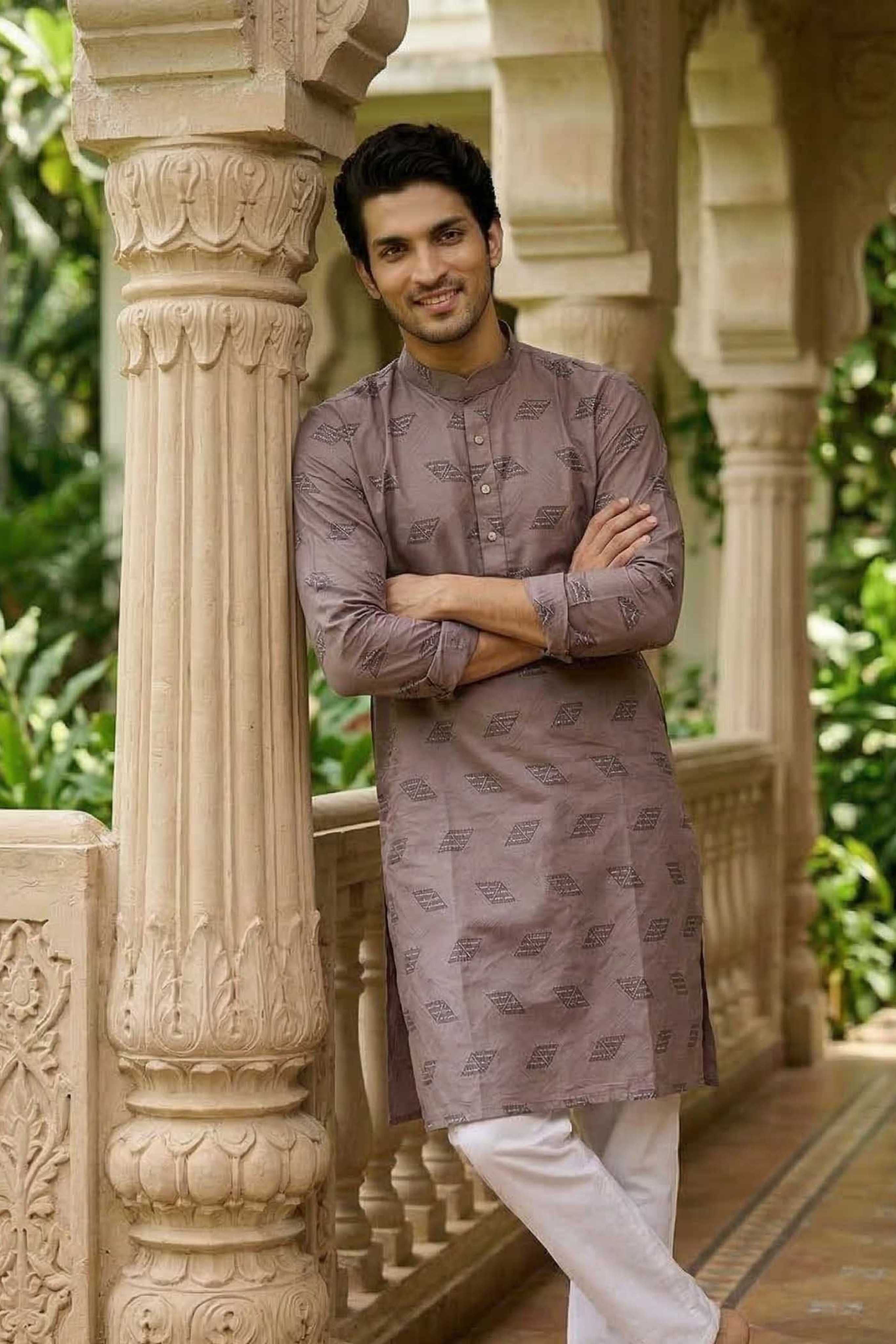 The Dusty Pink Geometric Sequin Work Long Kurta