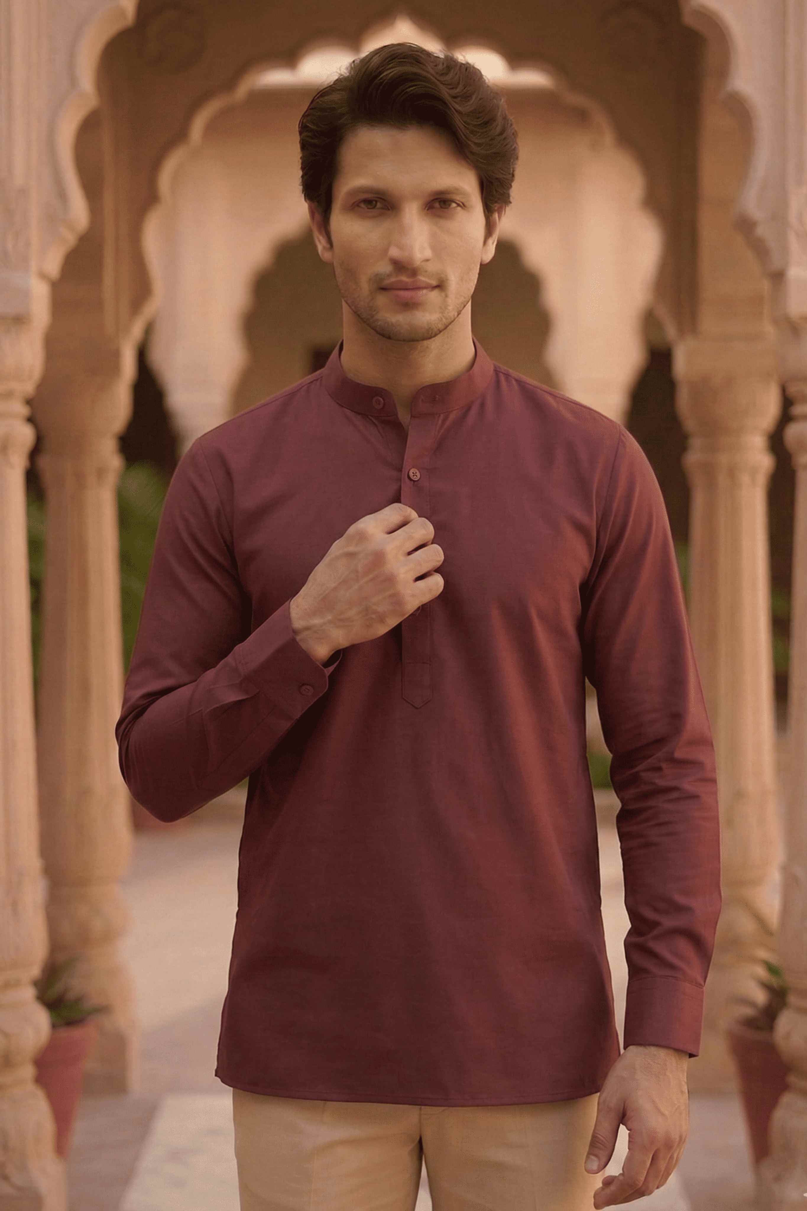 The Maroon Cotton Short kurta With Buttoned Cuffs