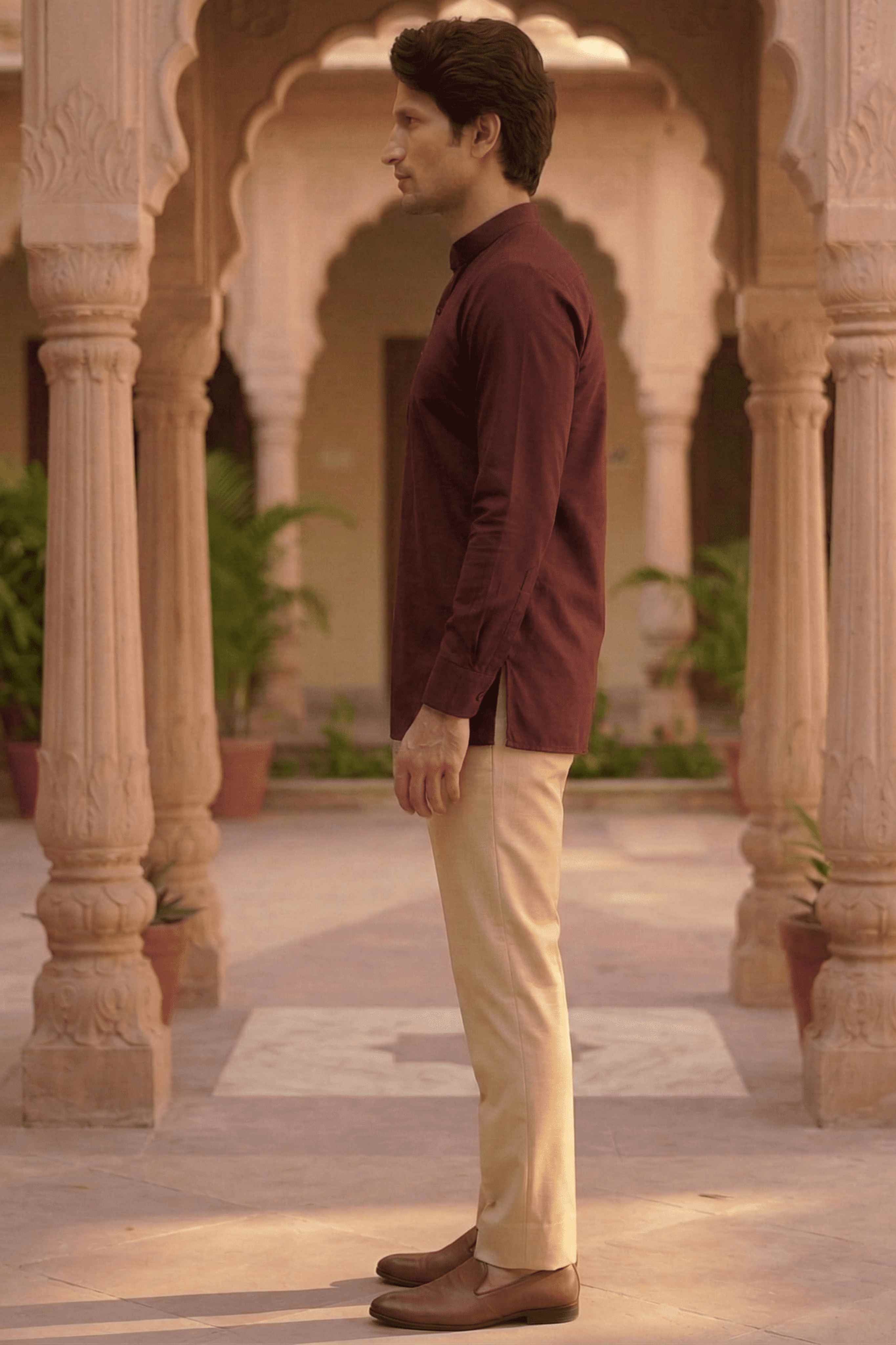 The Maroon Cotton Short kurta With Buttoned Cuffs