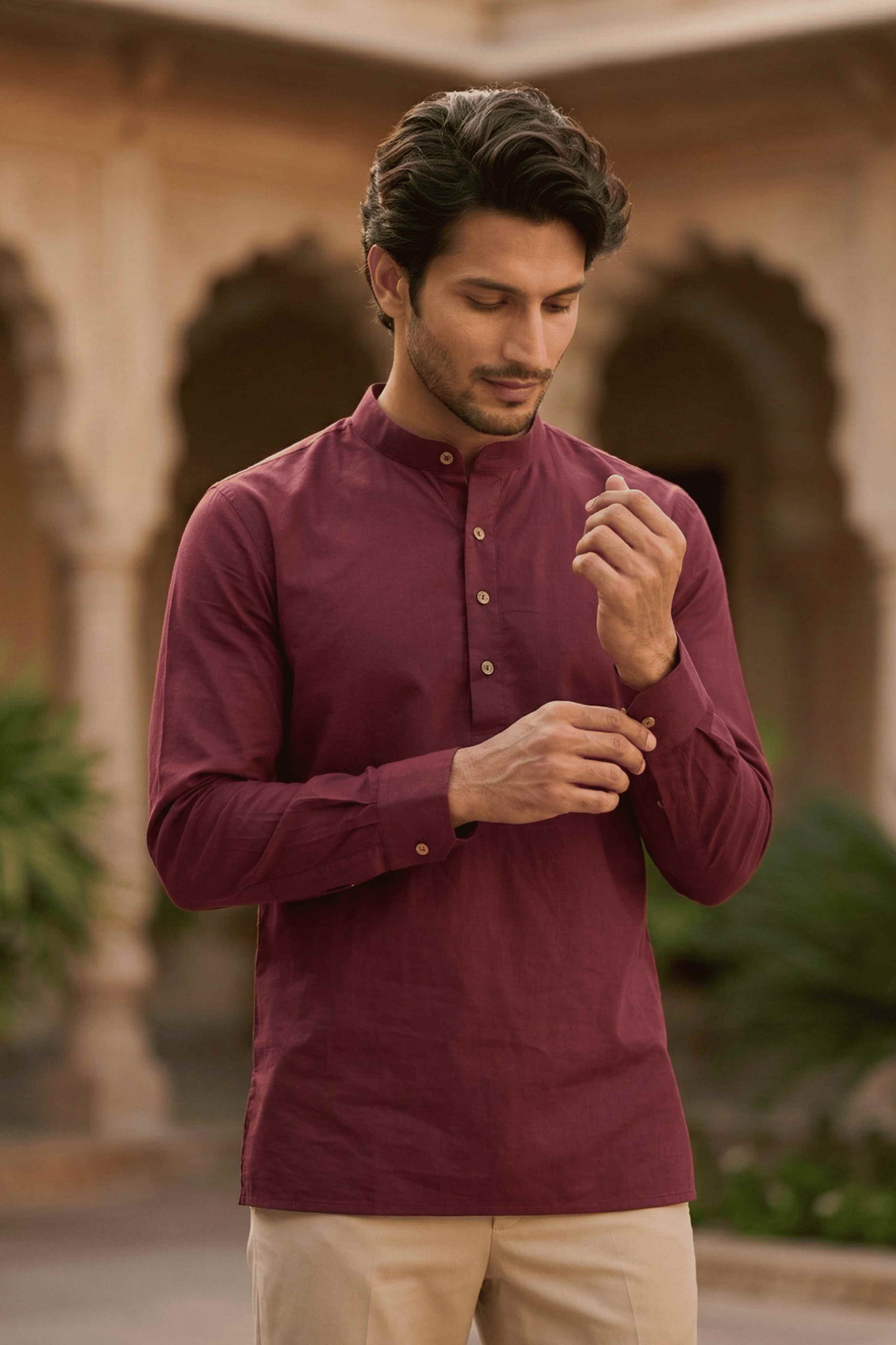 The Maroon Cotton Short kurta With Buttoned Cuffs