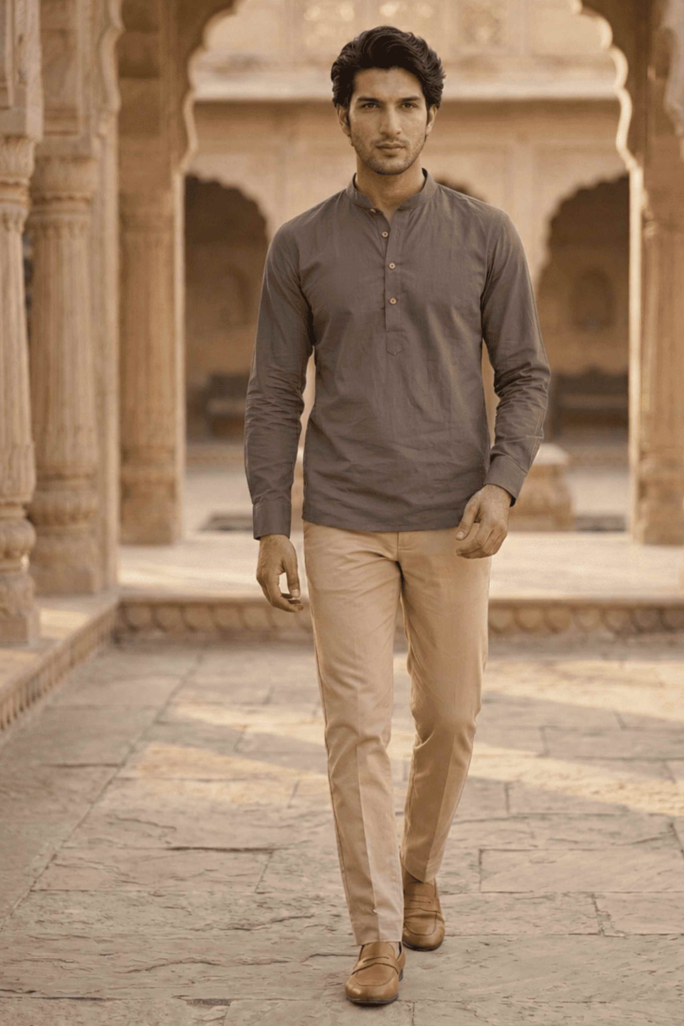The Brown Cotton Short kurta With Buttoned Cuffs