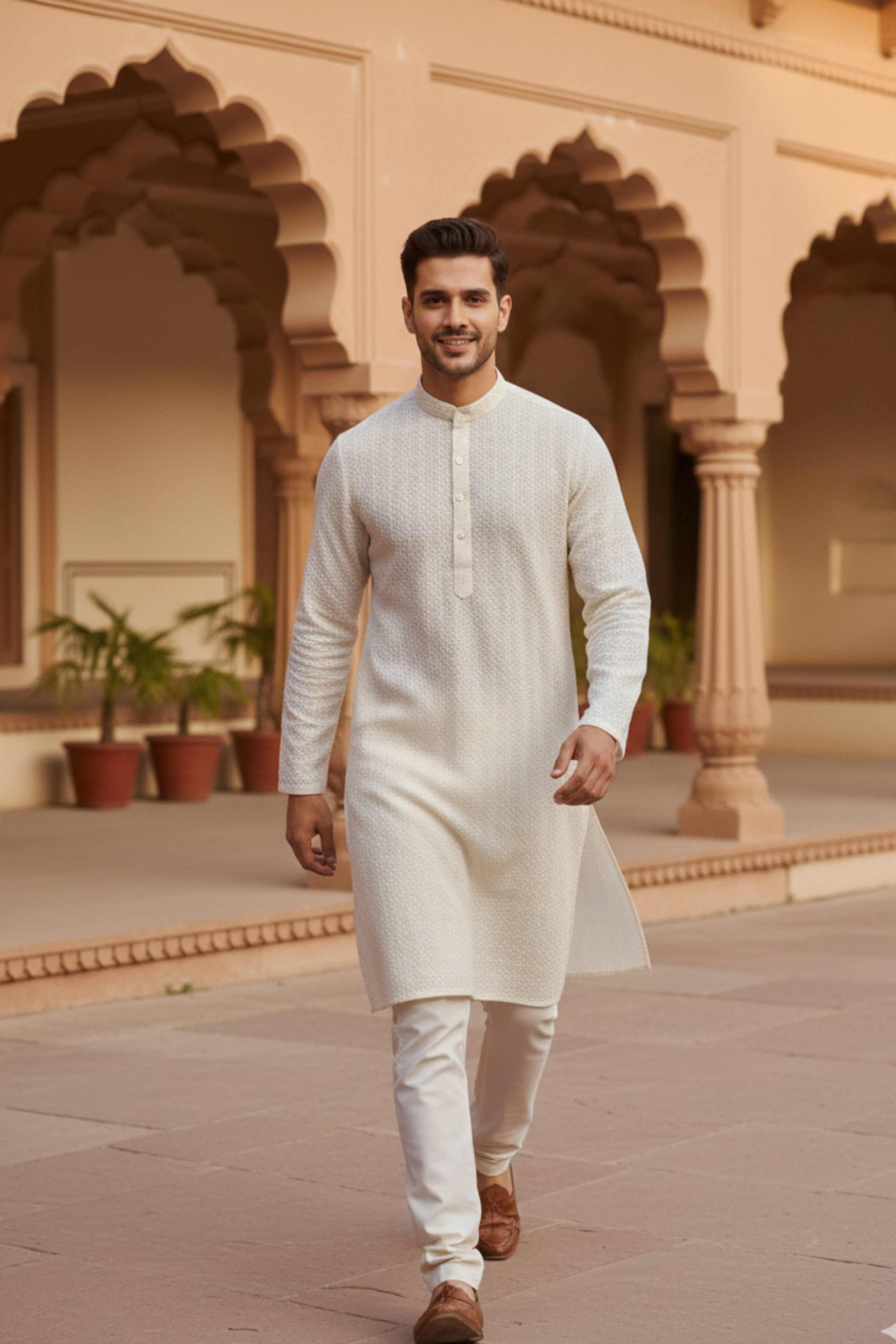 The Champagne White Floral Sequin Embroidery Long Kurta