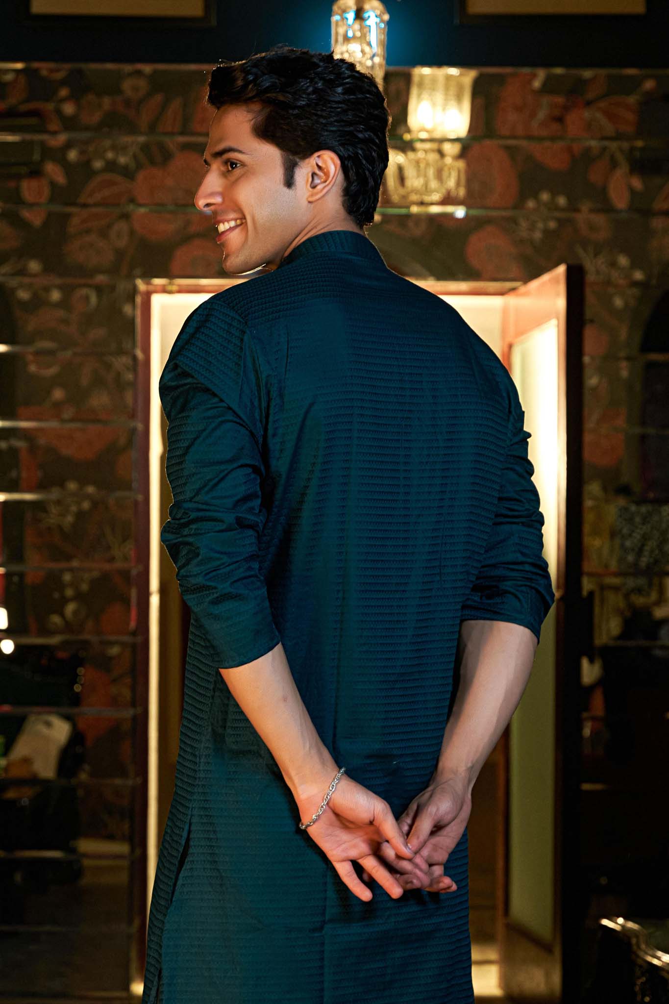 The Dark Teal Long Kurta with Textured Self-Work