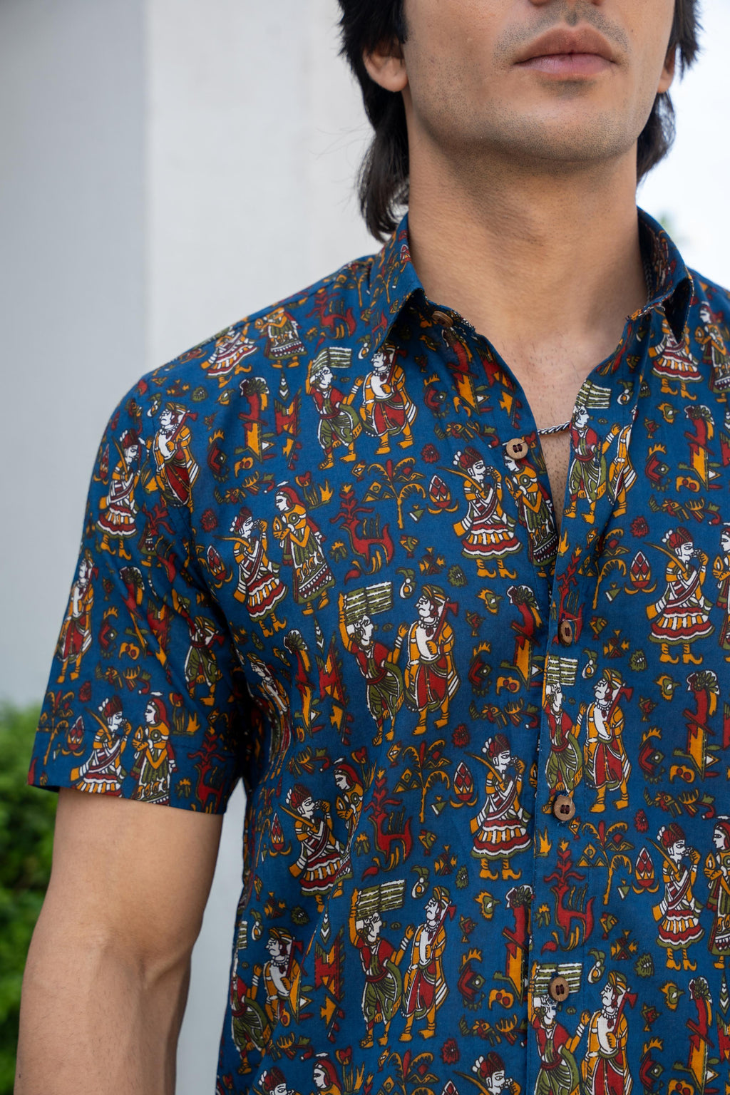 The Navy Blue Half Sleeves Shirt With Funky Tribal Print