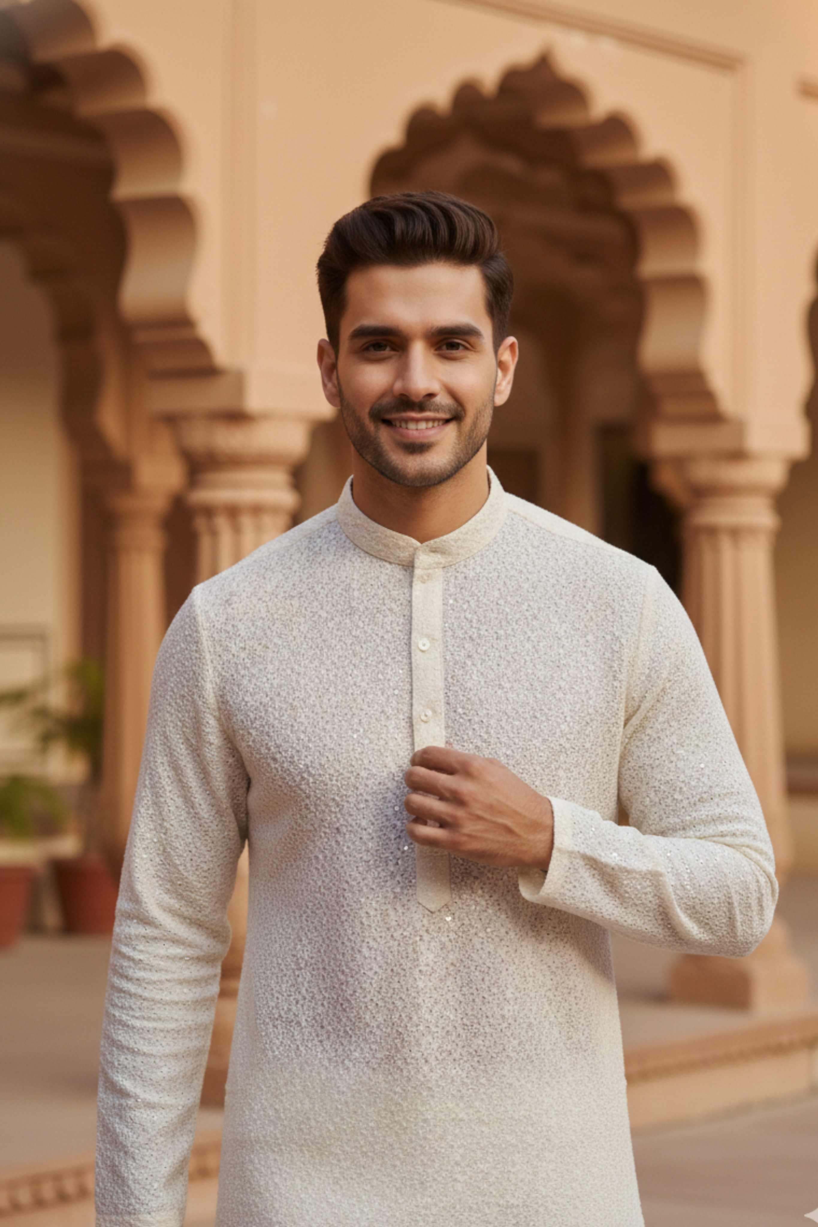 The Champagne White Floral Sequin Embroidery Long Kurta