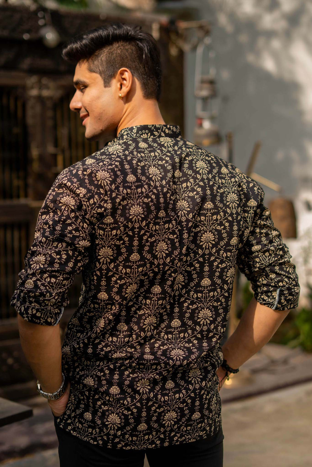 The Black Short Kurta With Beige Dabu Print
