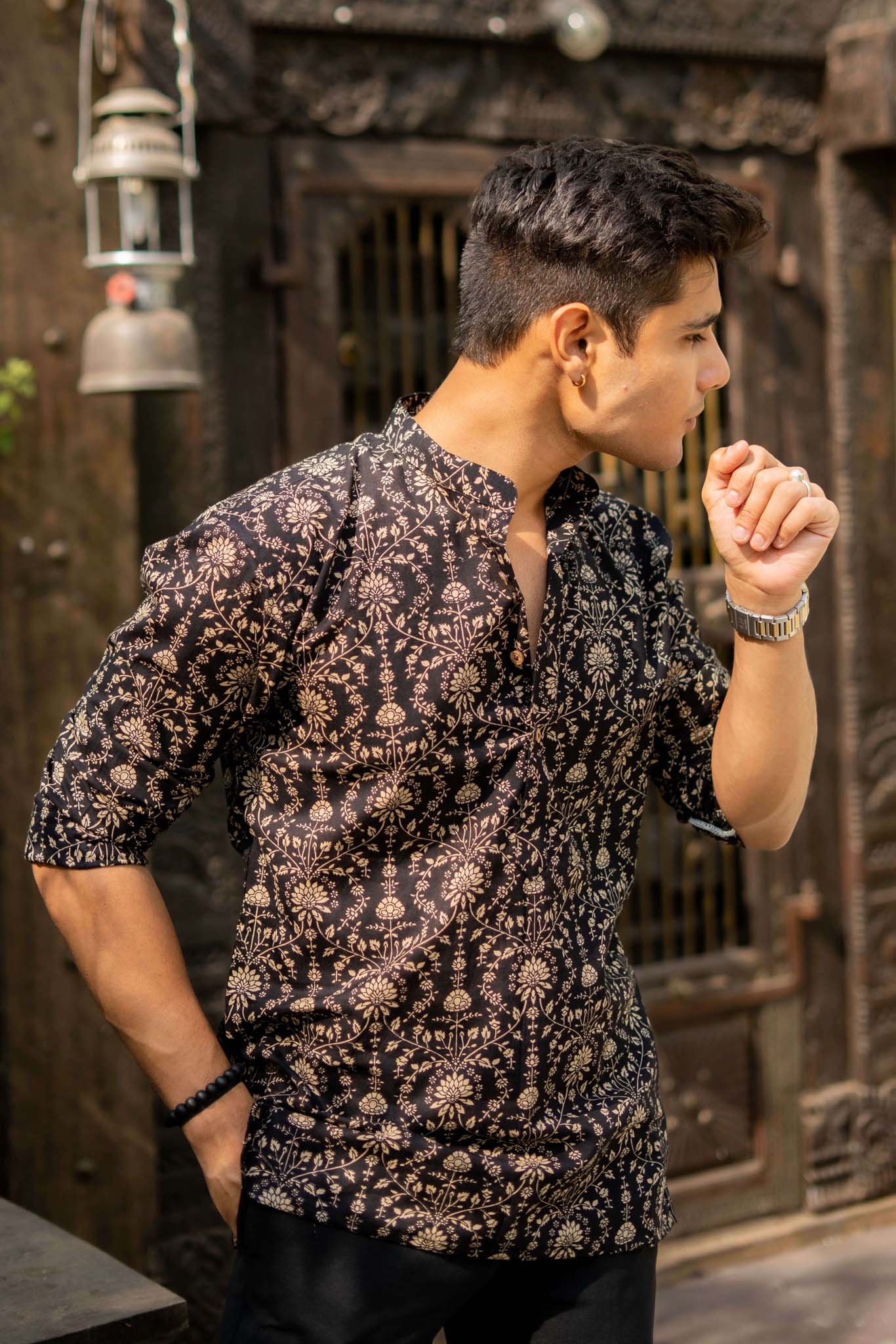The Black Short Kurta With Beige Dabu Print