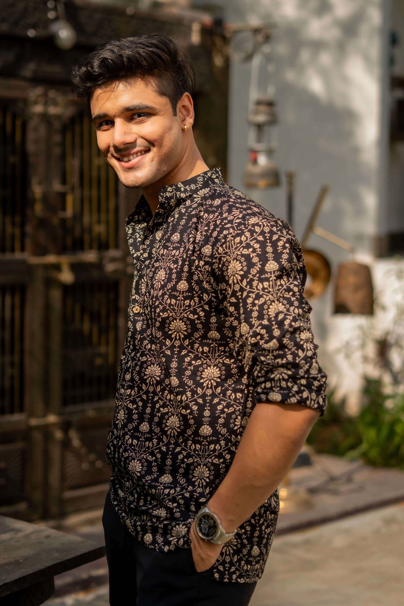 The Black Short Kurta With Beige Dabu Print