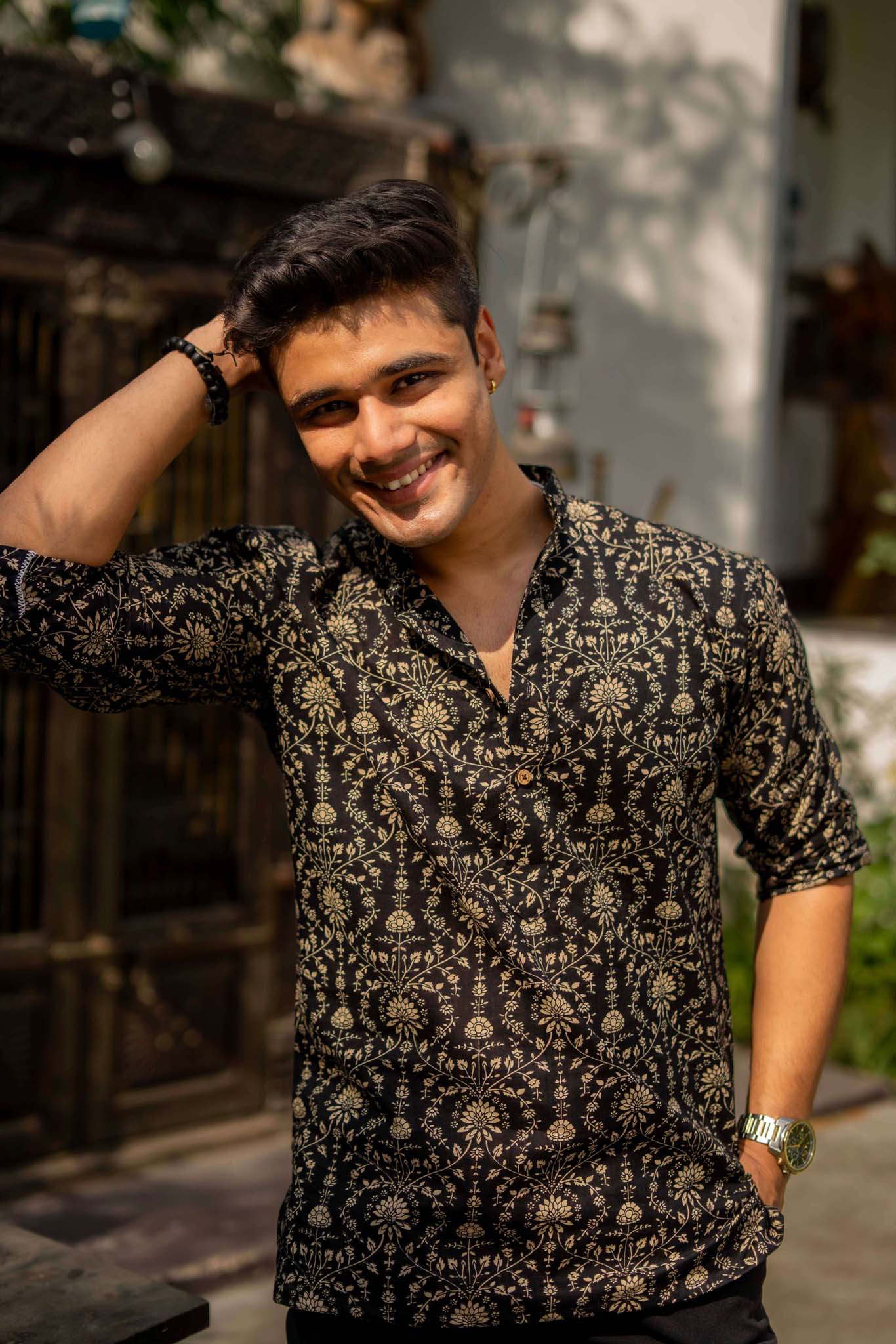 The Black Short Kurta With Beige Dabu Print