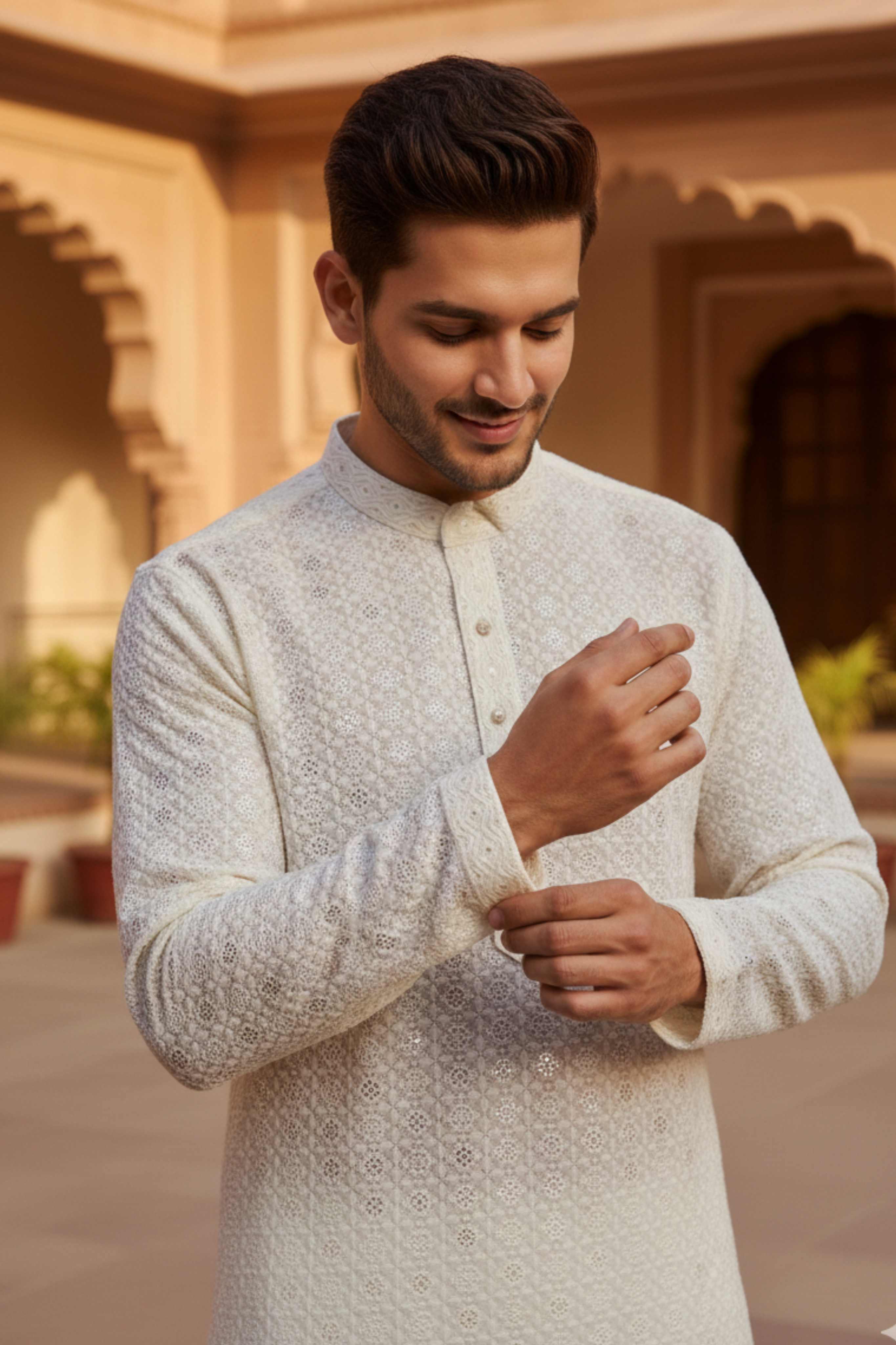 The Champagne White Floral Sequin Embroidery Long Kurta