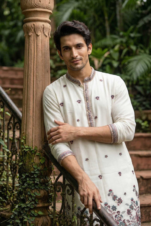 Off White Georgette Classic Floral Embroidery Long Kurta with Dupatta