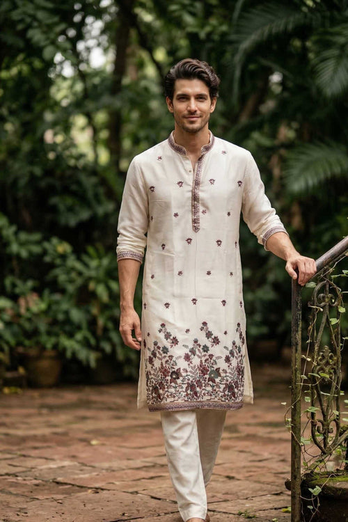 Off White Georgette Classic Floral Embroidery Long Kurta with Dupatta