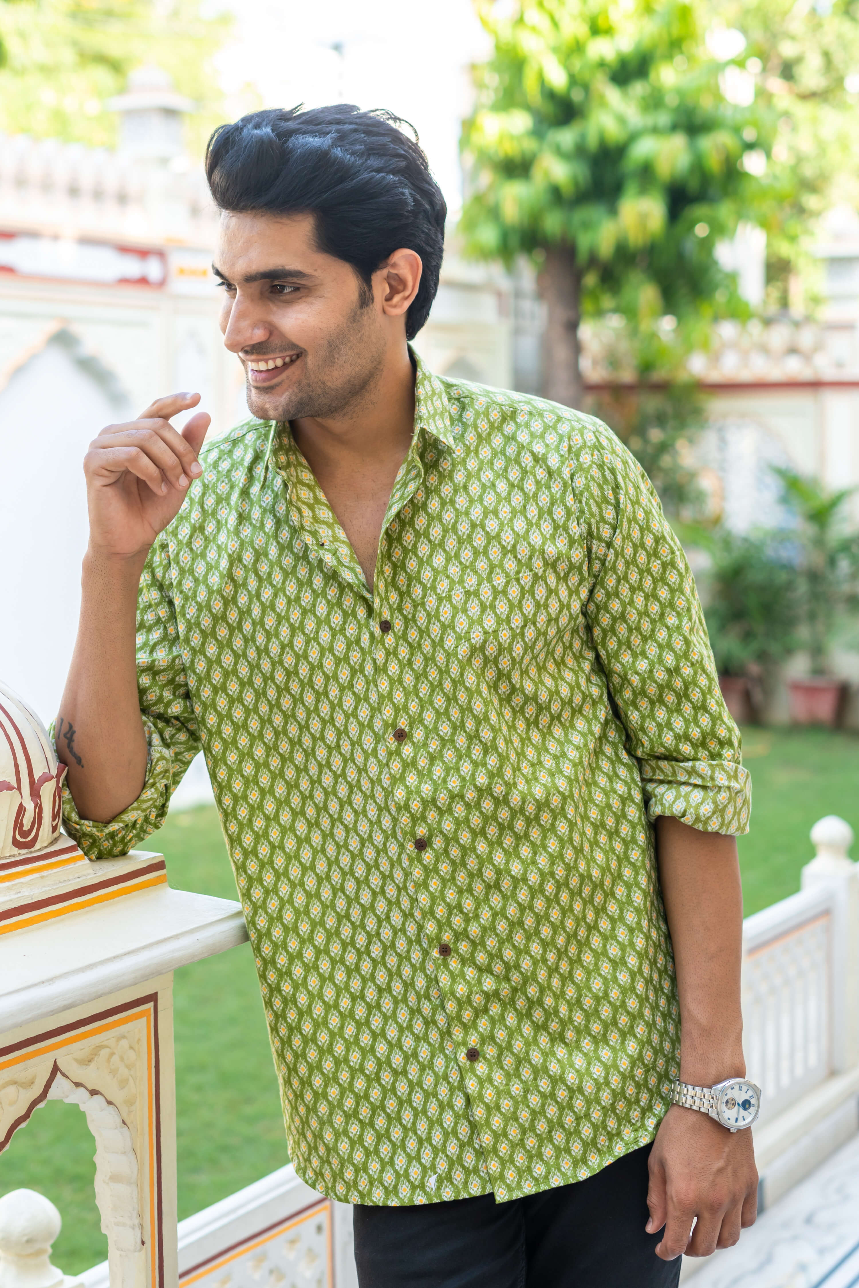 The Green Kantha Work Shirt With Geometric Ikat Print