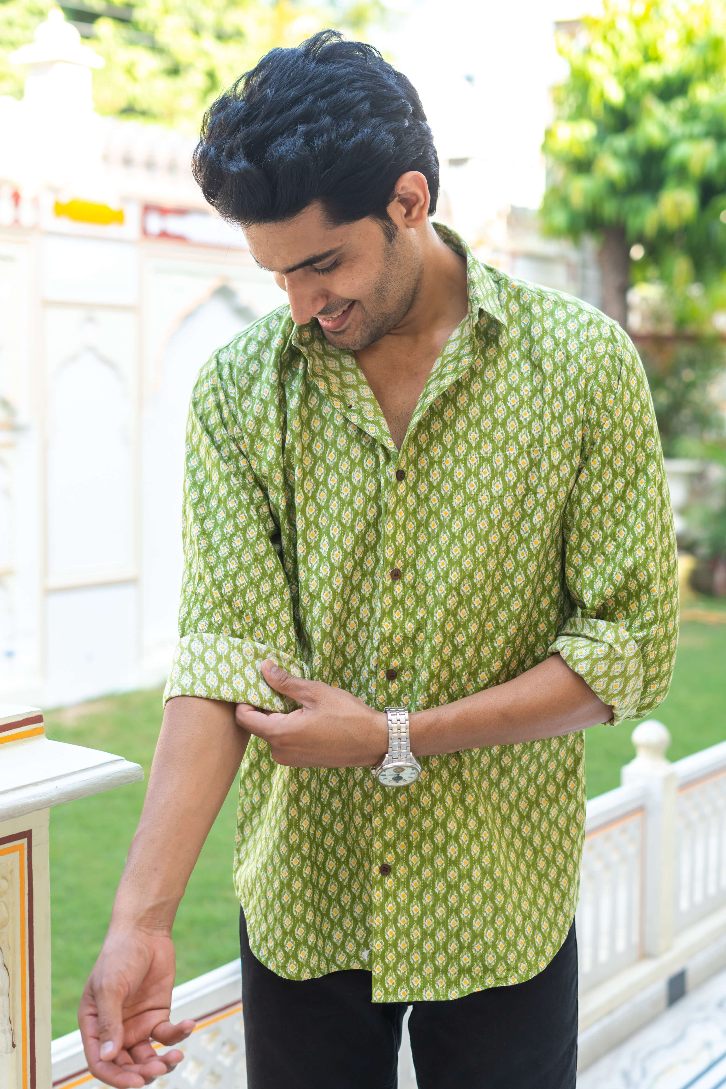 The Green Kantha Work Shirt With Geometric Ikat Print