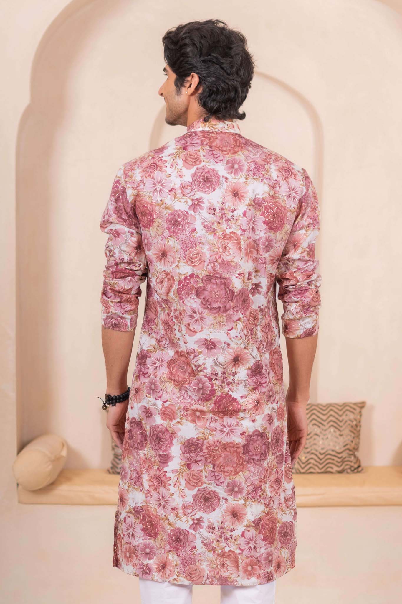 The Off White Long Kurta With All-Over Flower Foil Print
