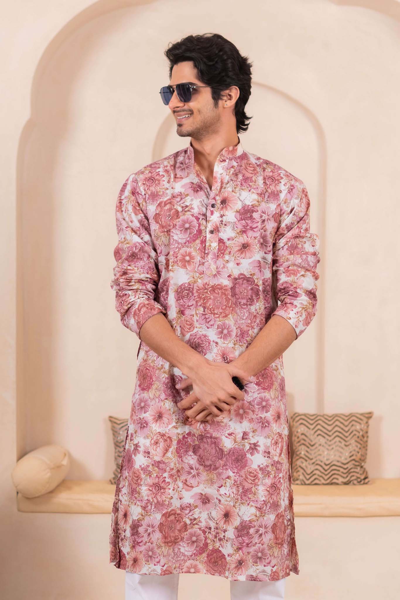 The Off White Long Kurta With All-Over Flower Foil Print
