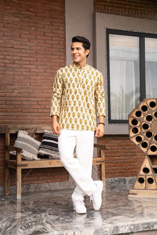 The Beige Color Short Kurta With Mughal Print