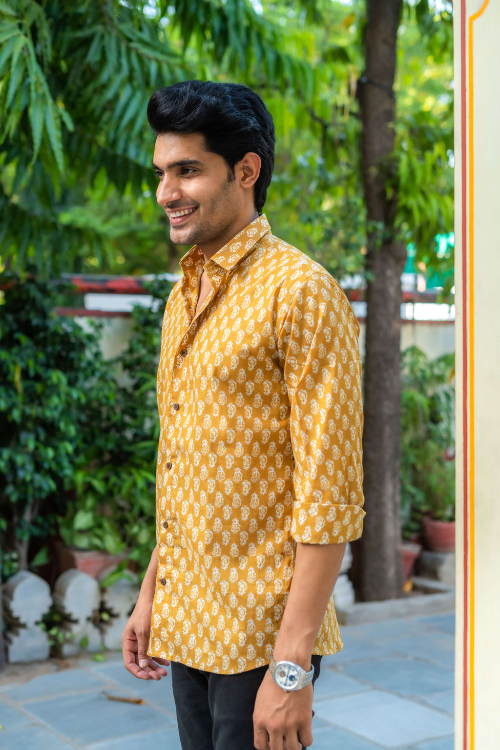 The Mustard Color Shirt With White Butti Print