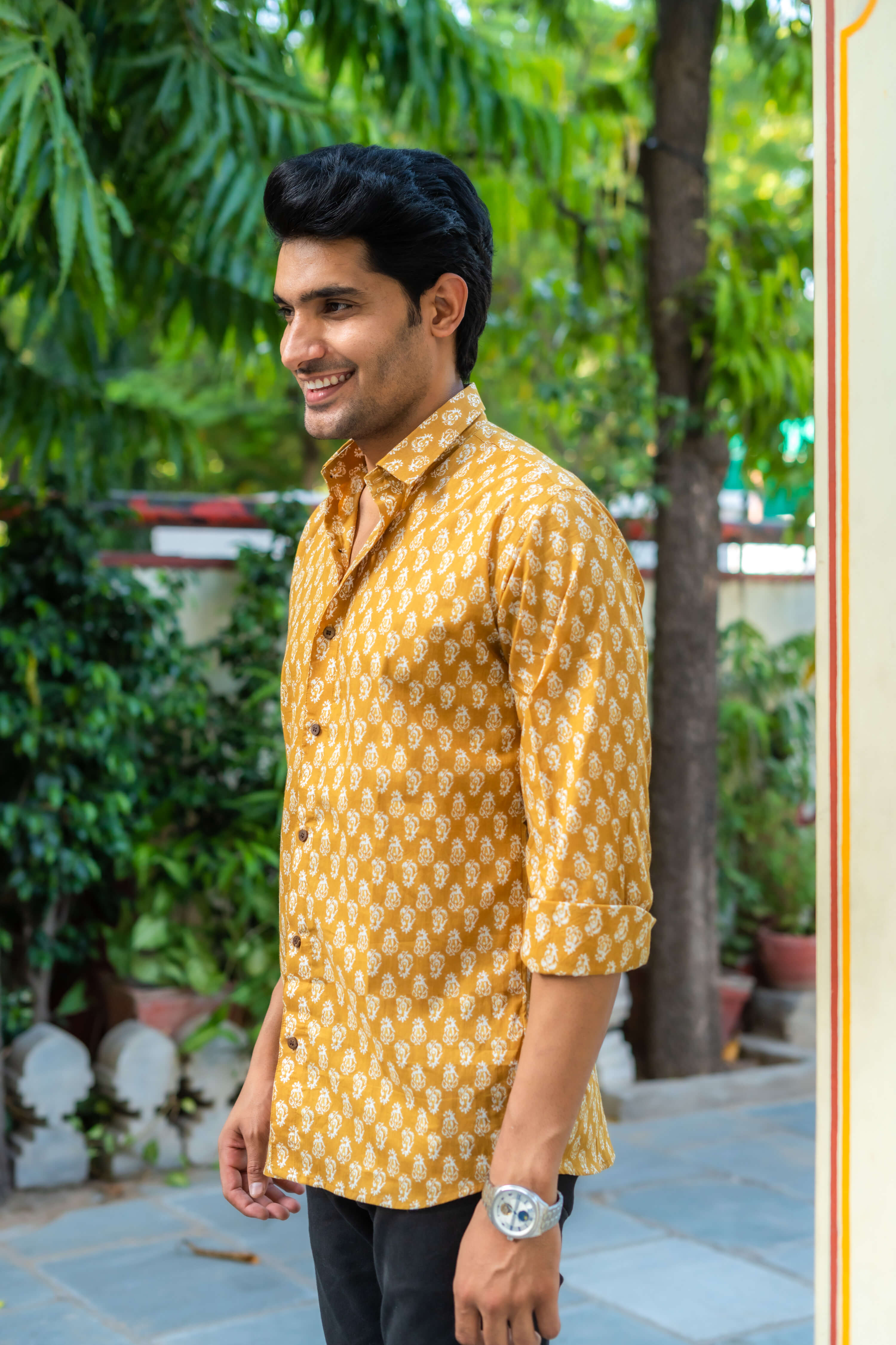 The Mustard Color Shirt With White Butti Print