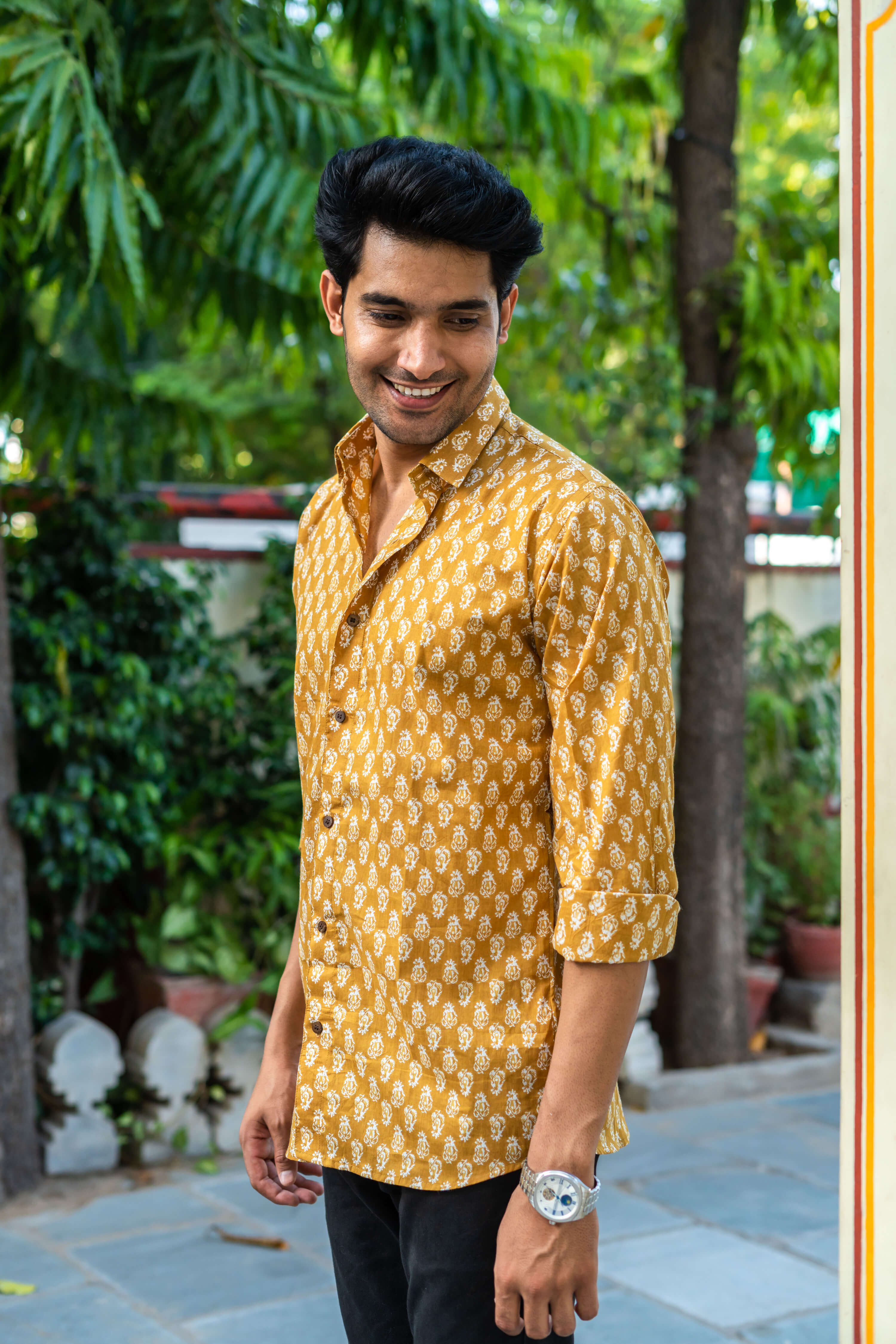 The Mustard Color Shirt With White Butti Print