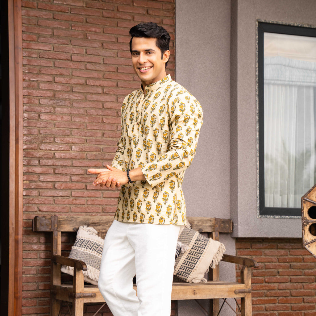 The Beige Color Short Kurta With Mughal Print