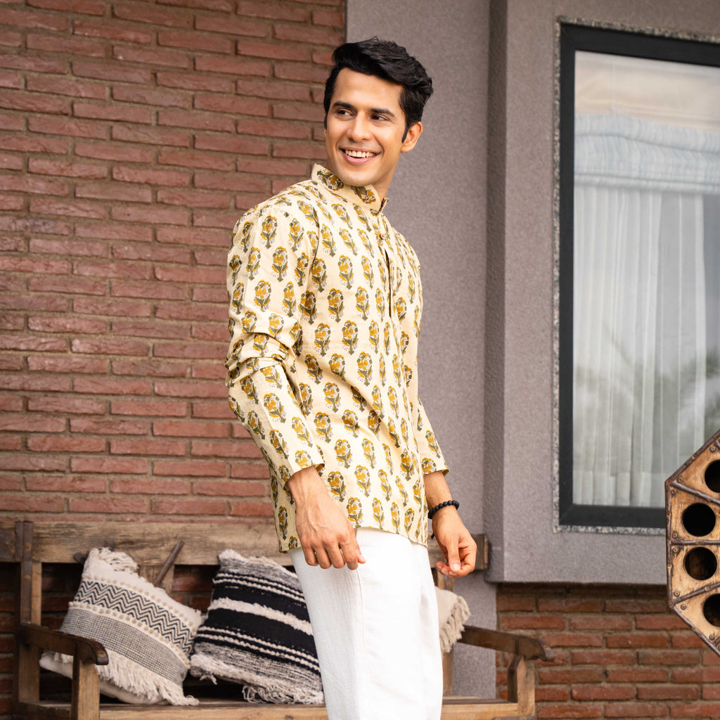The Beige Color Short Kurta With Mughal Print