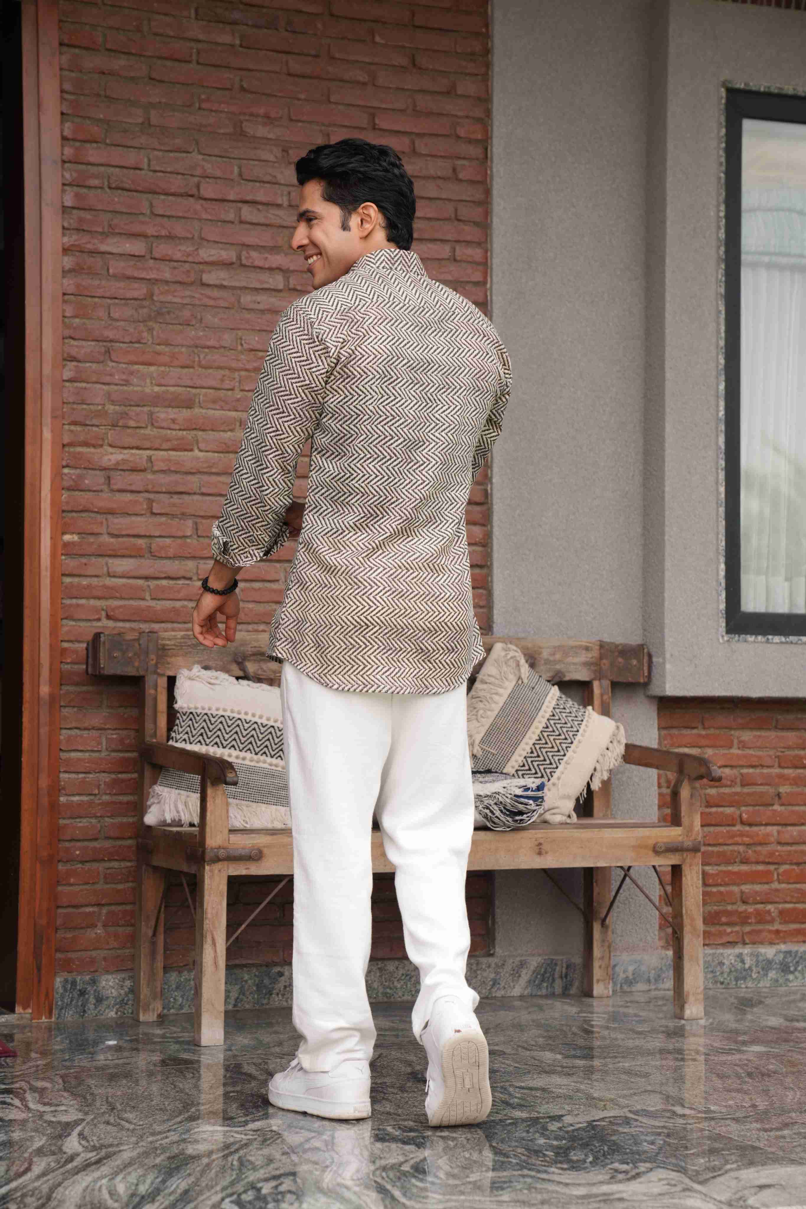 The Light Grey Kantha Work Shirt with Cedar Color Zig Zag Print