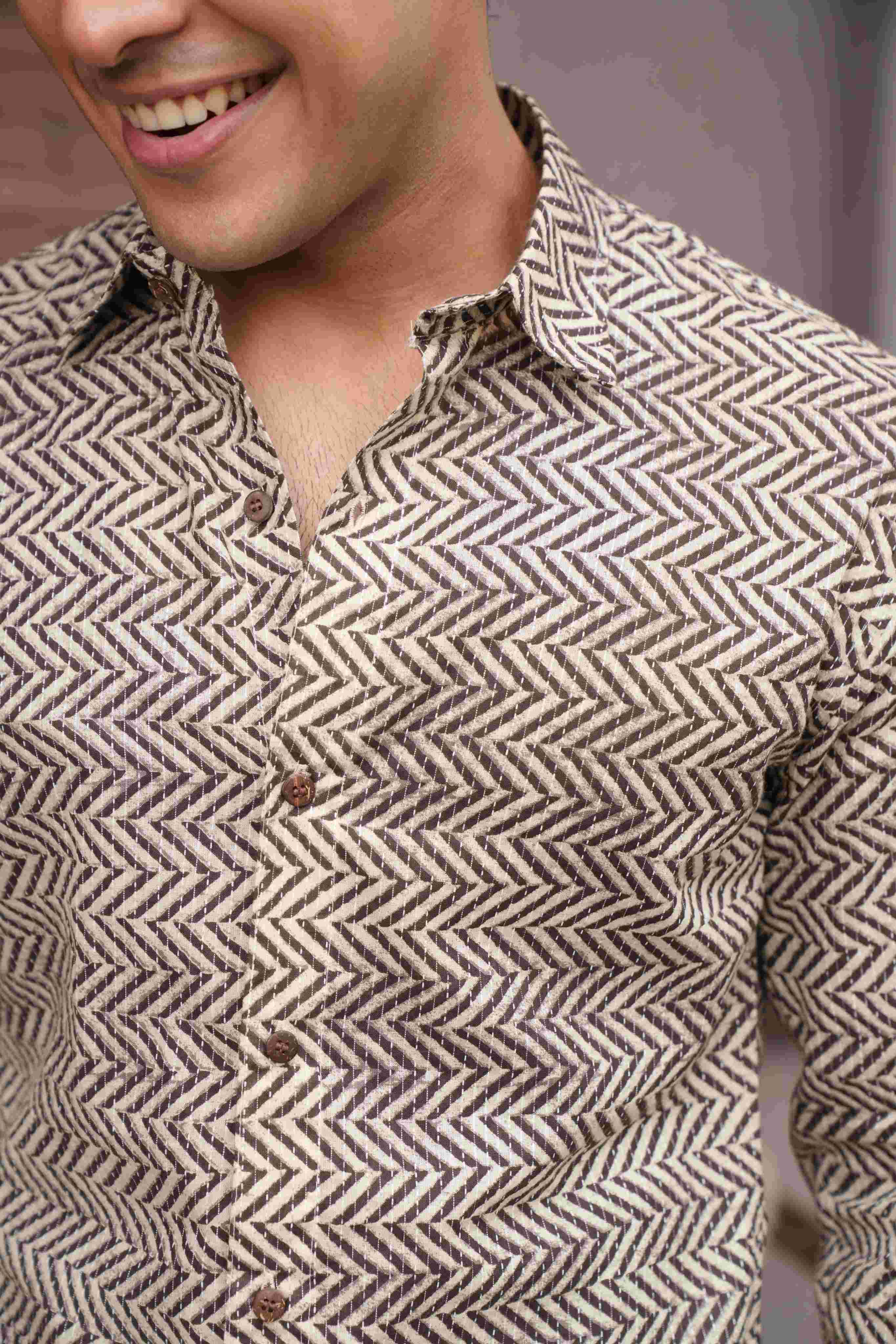 The Light Grey Kantha Work Shirt with Cedar Color Zig Zag Print