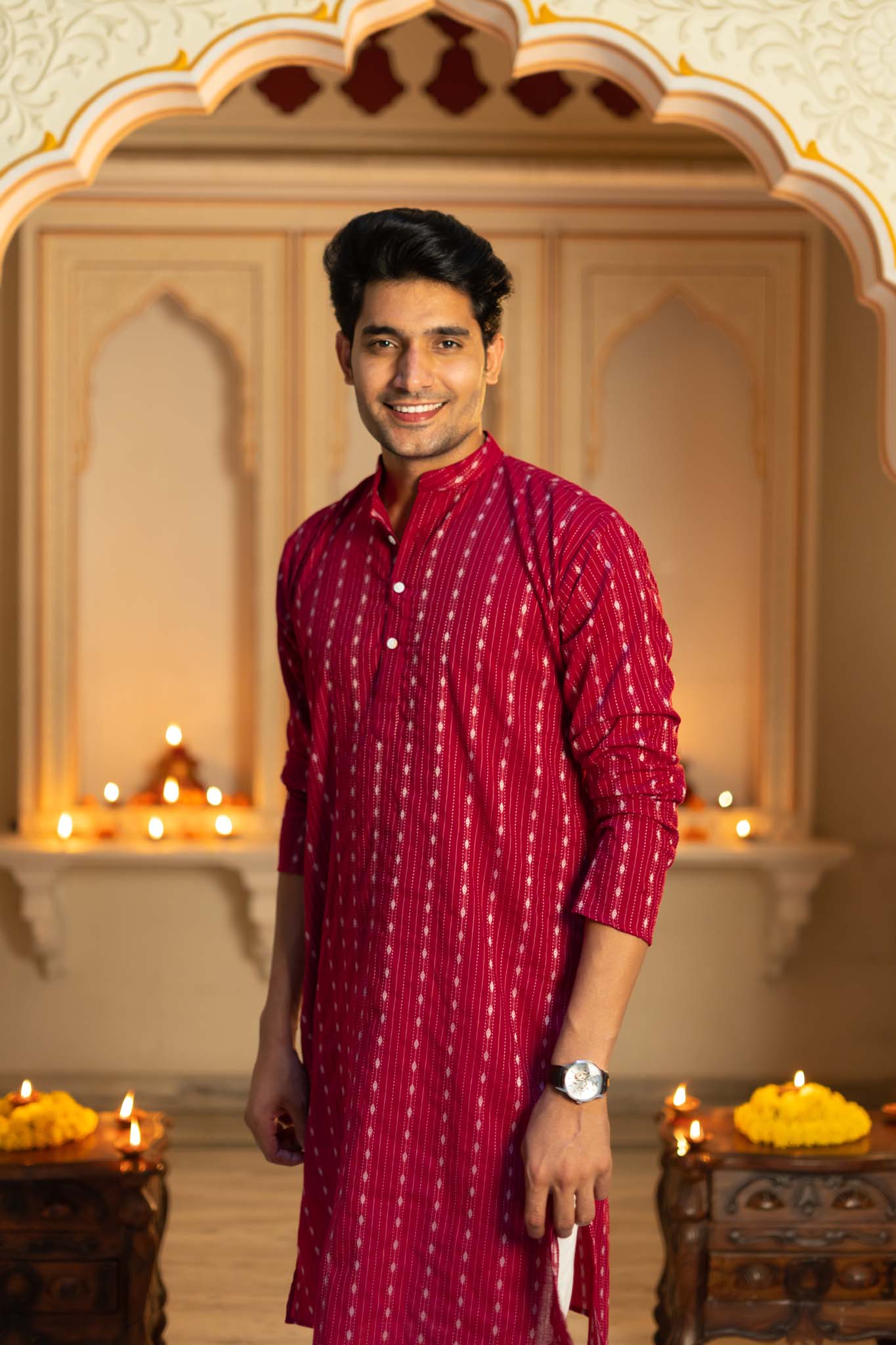 The Maroon Long Kurta With Striped Self Work