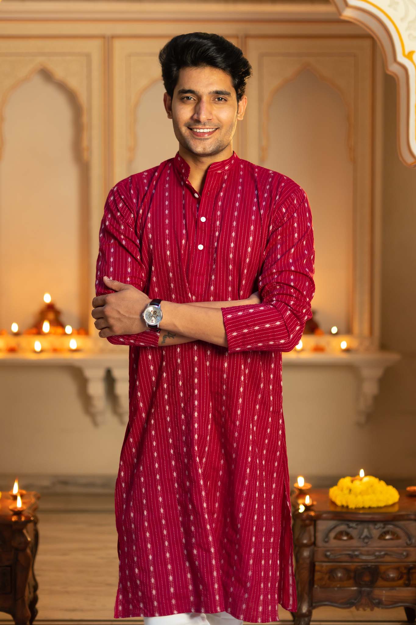 The Maroon Long Kurta With Striped Self Work