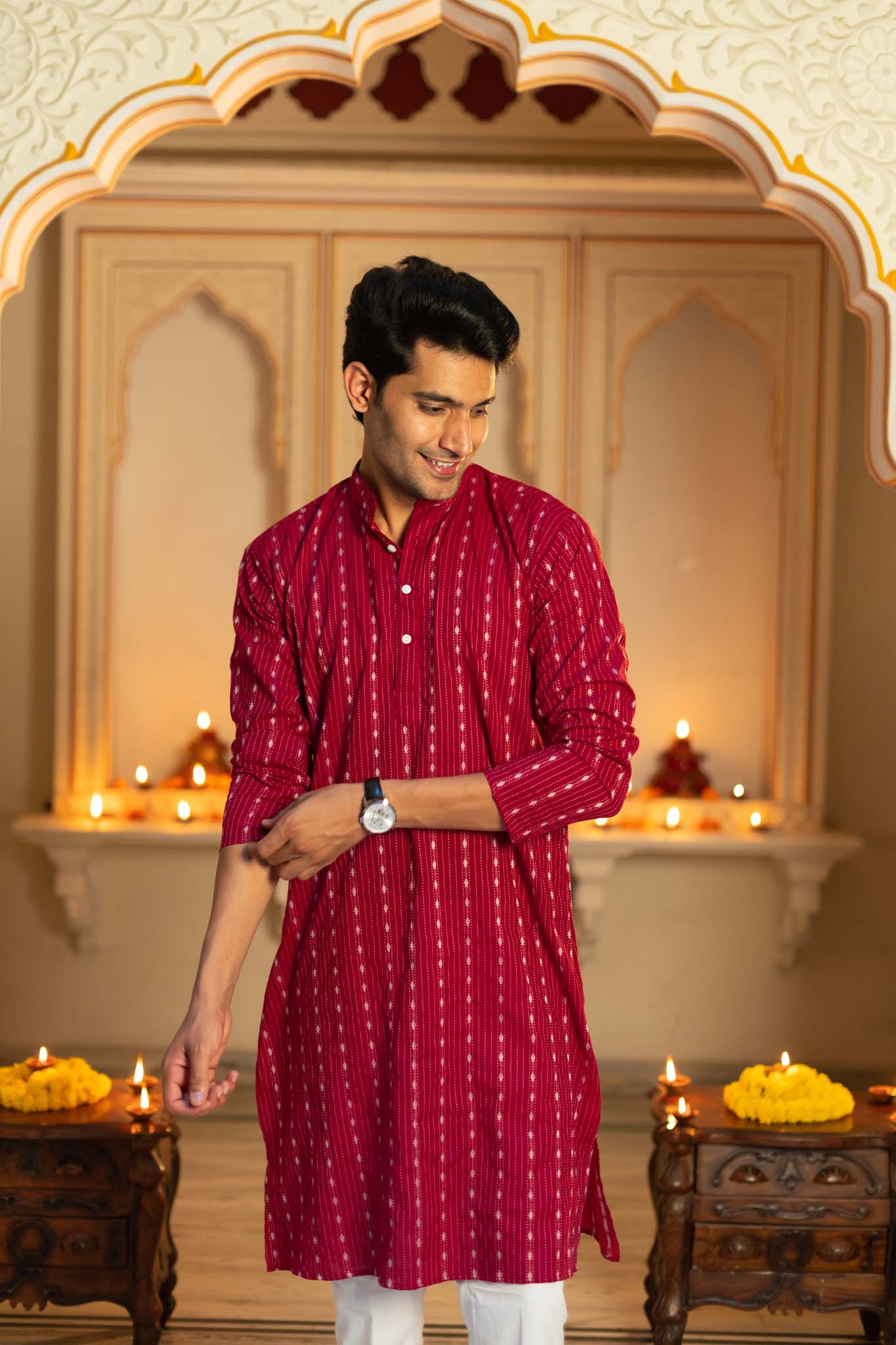 The Maroon Long Kurta With Striped Self Work