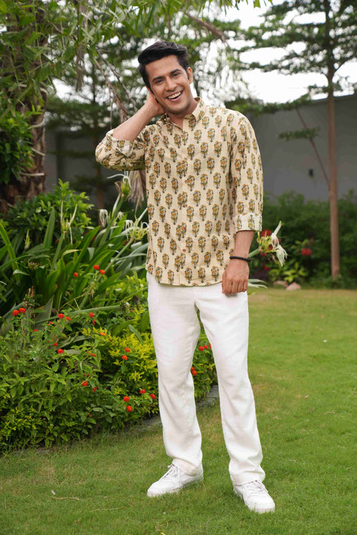 The Beige Color Shirt With Mughal Print
