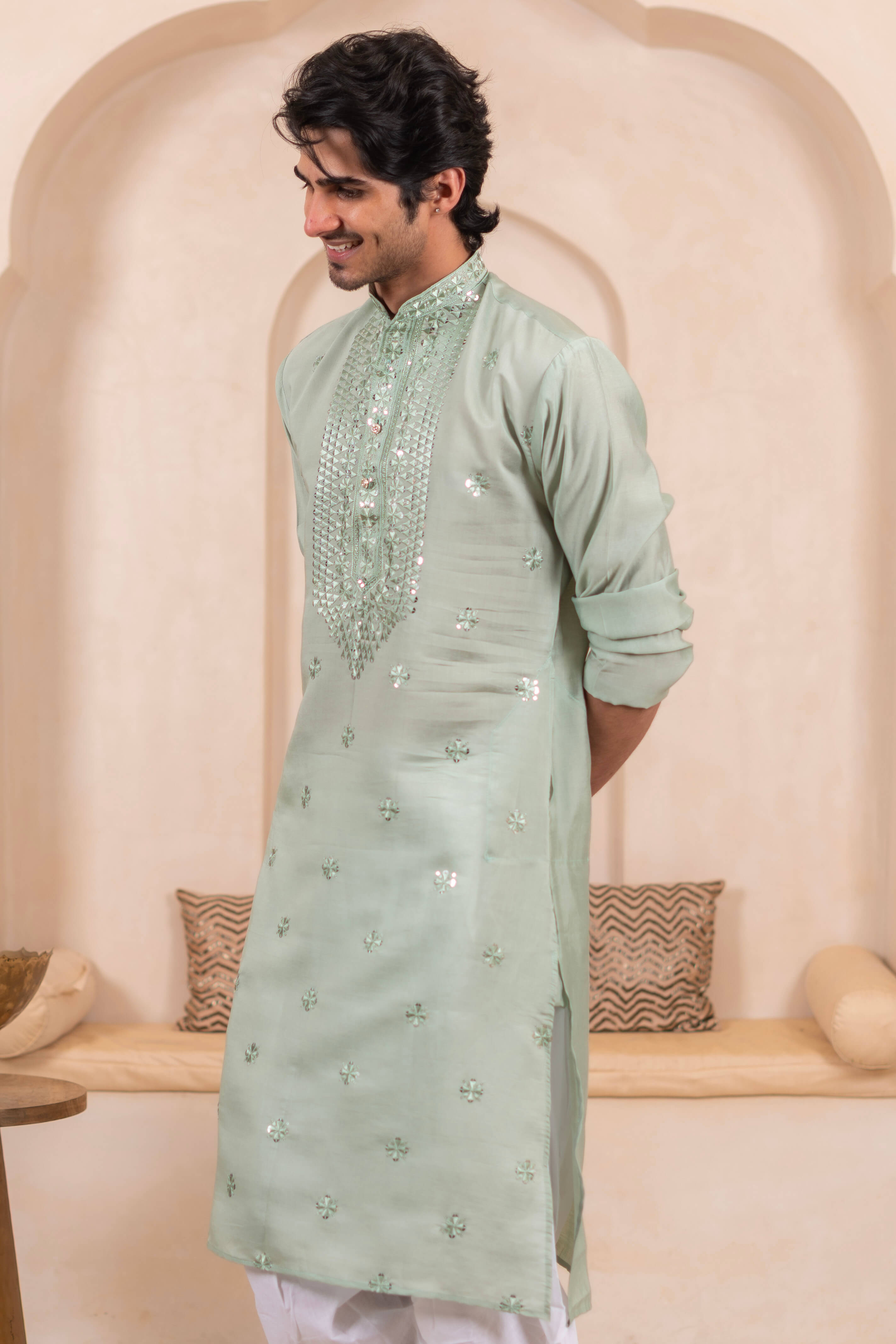 The Green Classic Embroidered Long Kurta