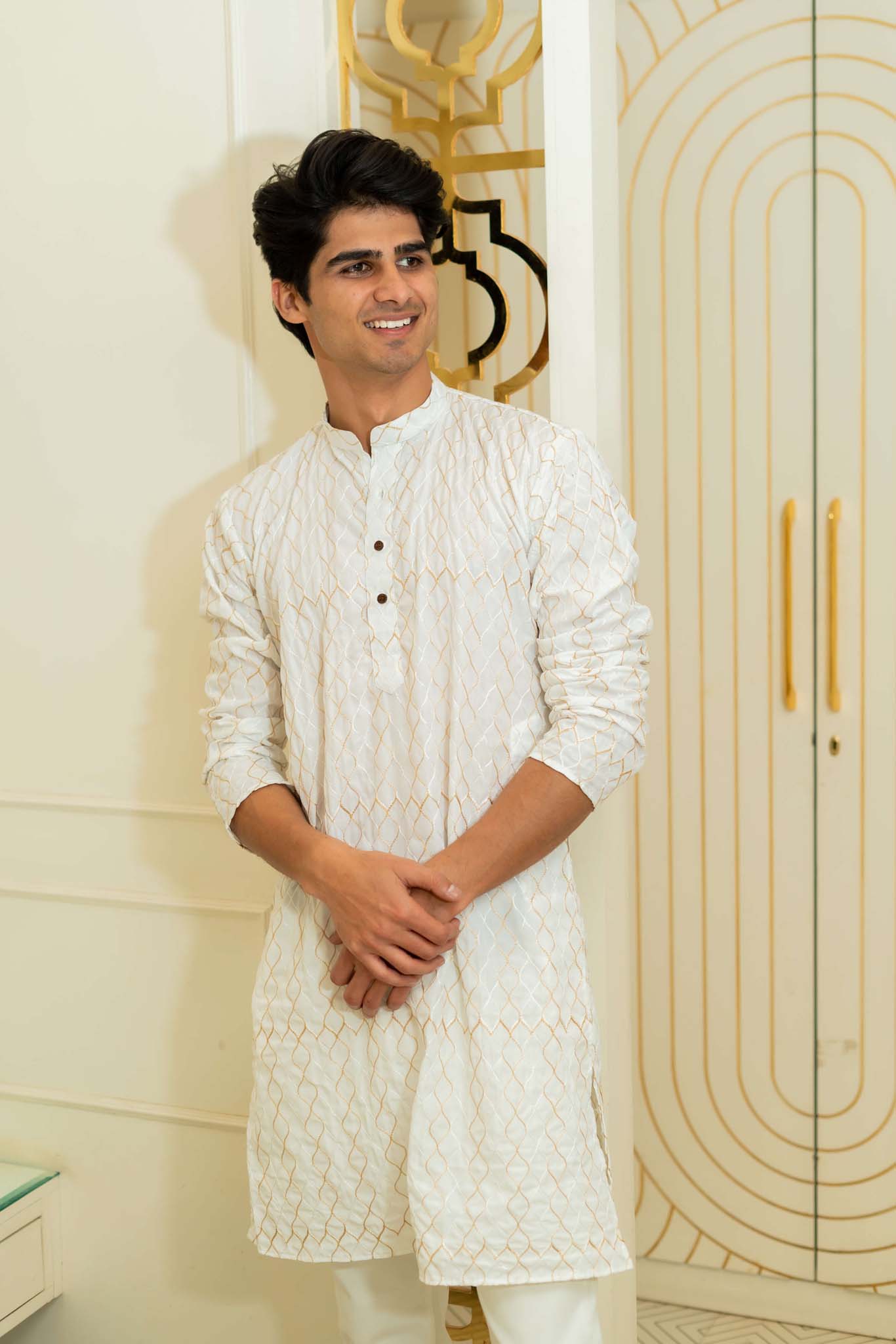 The White Long Kurta With Geometric Zari Work