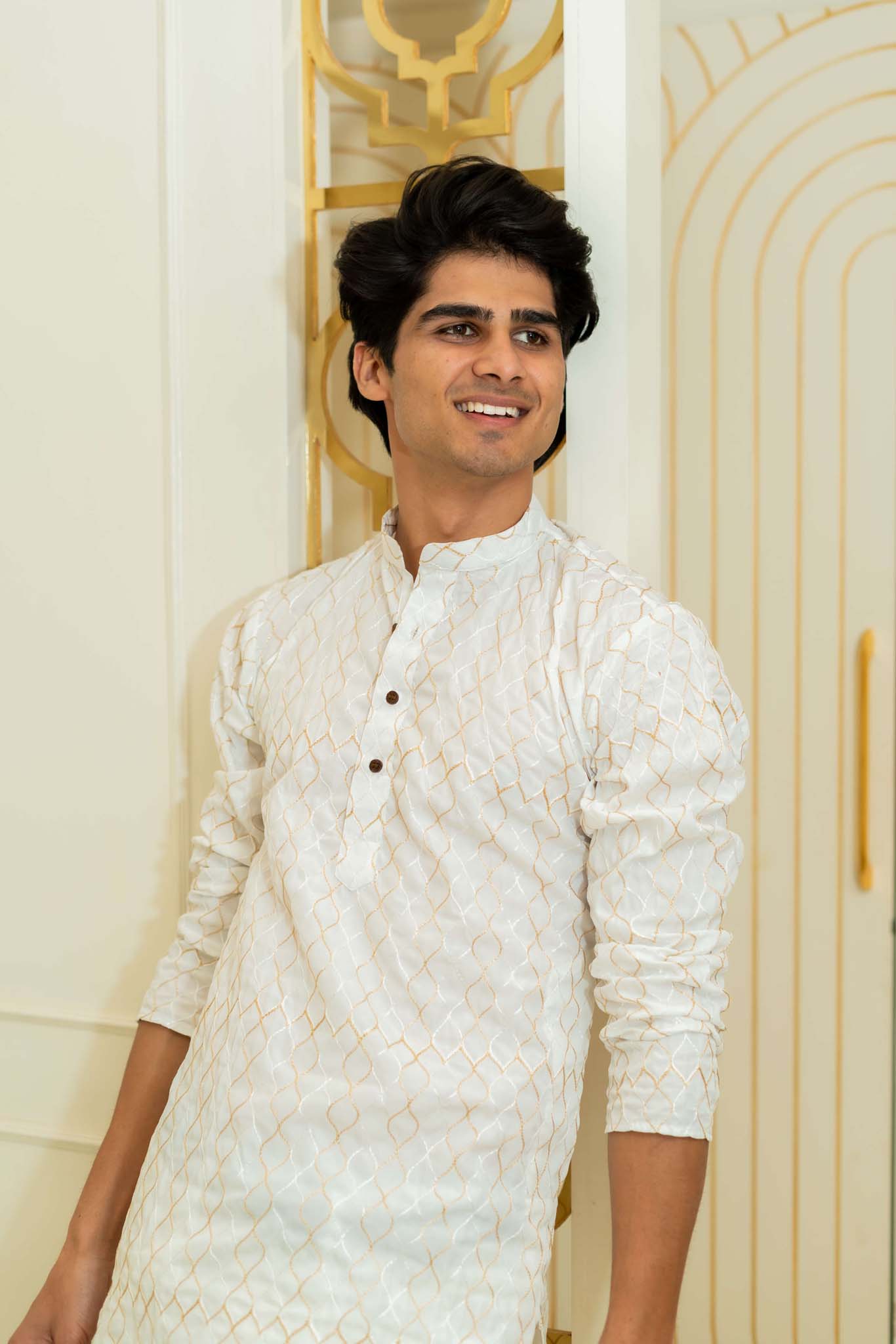 The White Long Kurta With Geometric Zari Work