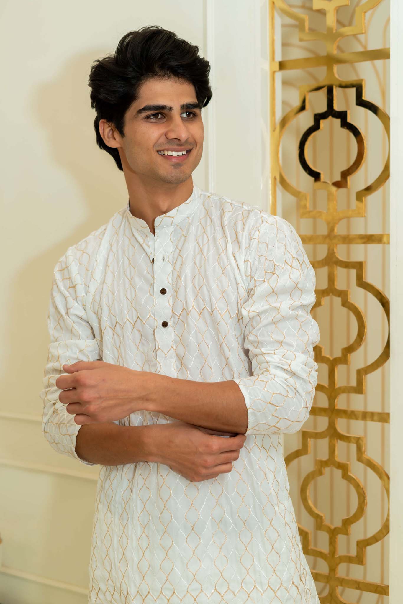 The White Long Kurta With Geometric Zari Work