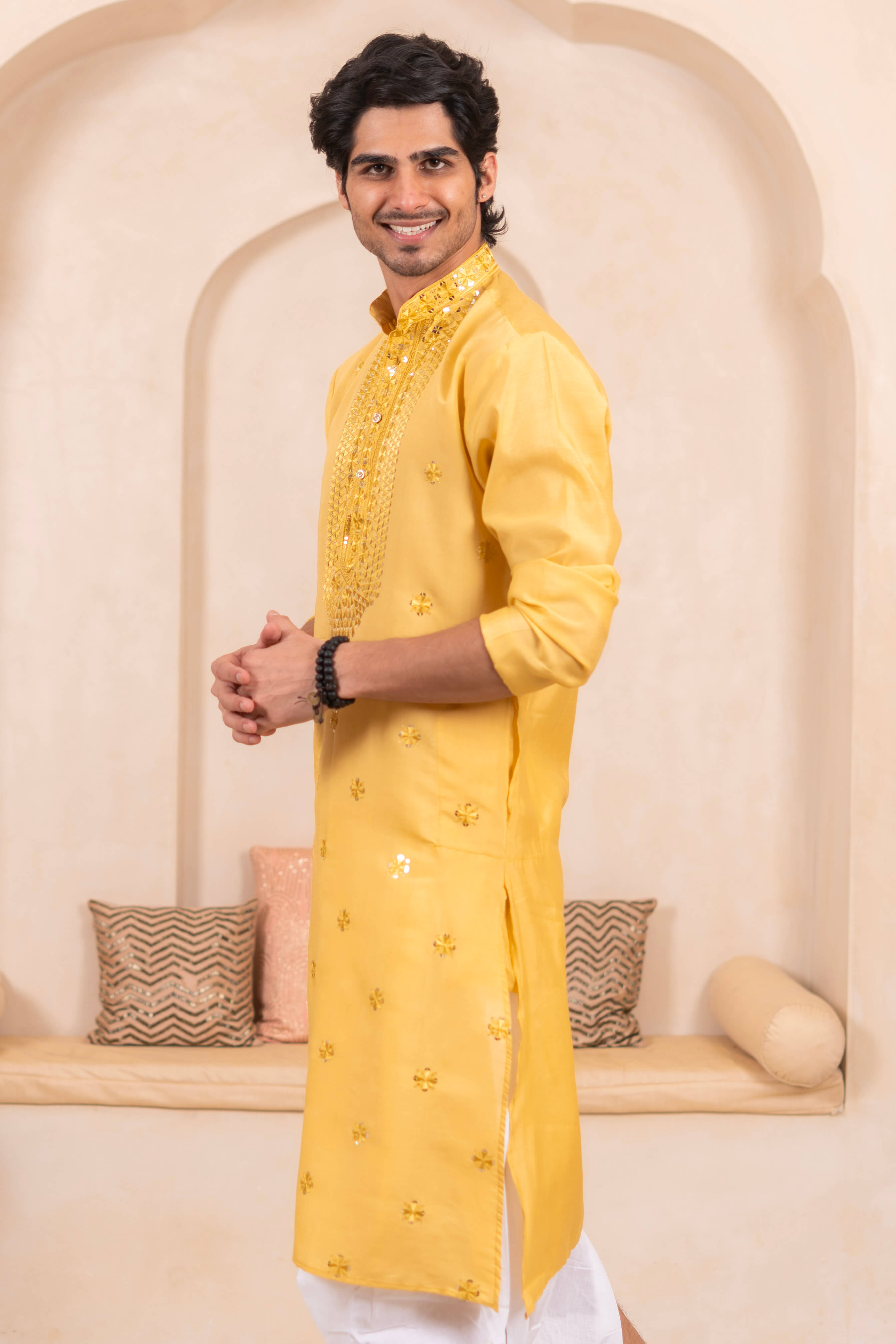 The Yellow Long Kurta with Classic Embroidery and Sequins Work